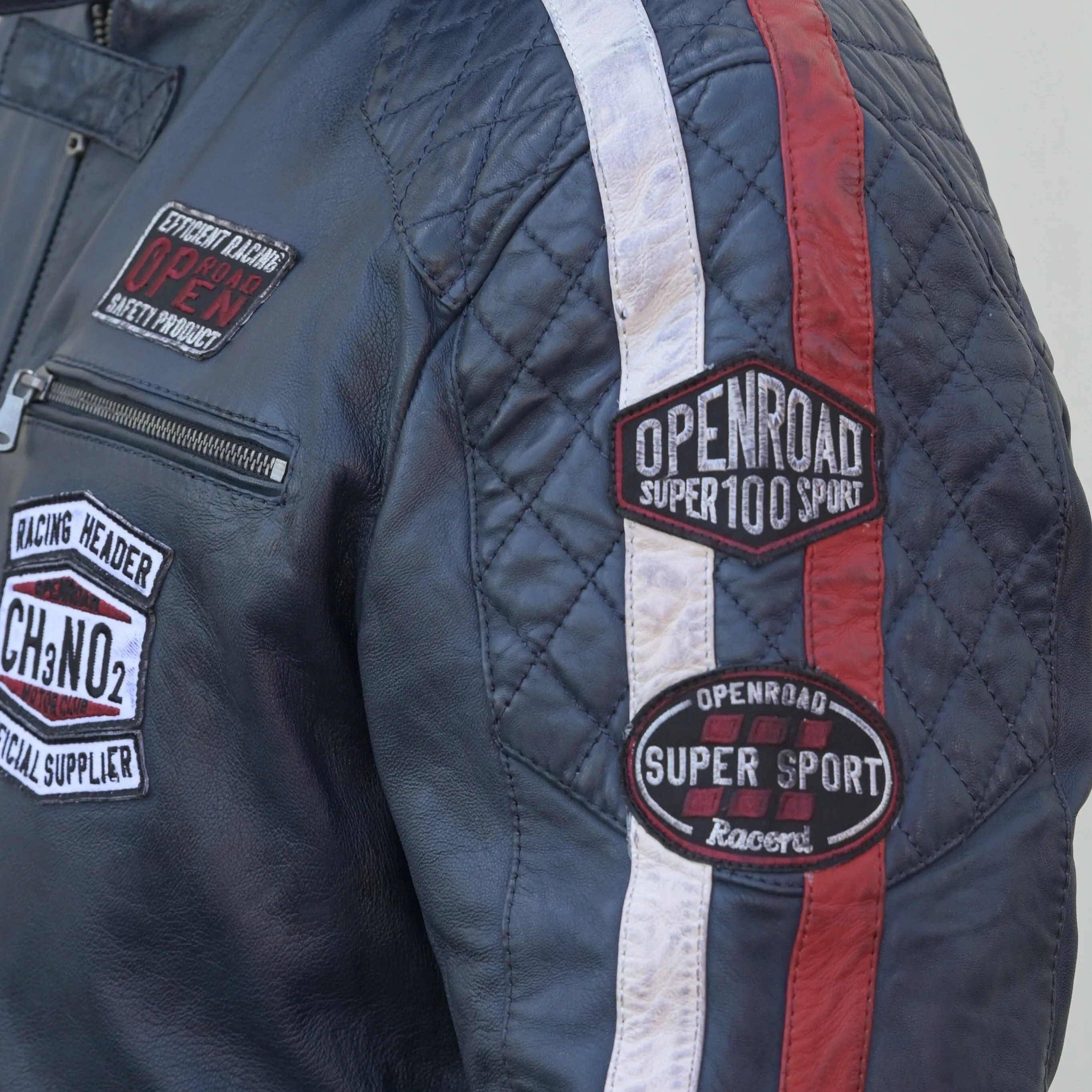 Men's Racer Jacket with Patches and Striped Accents