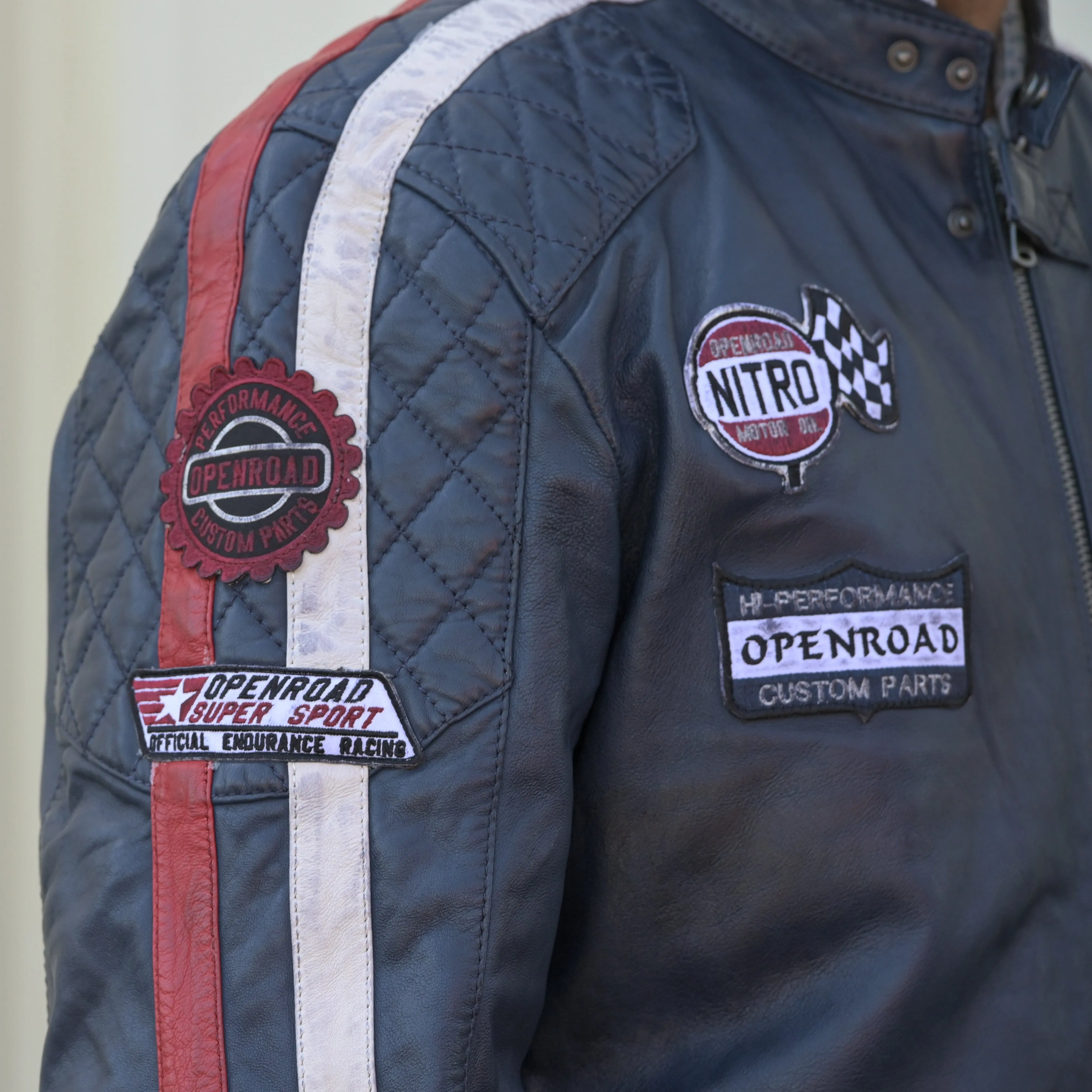 Men's Racer Jacket with Patches and Striped Accents