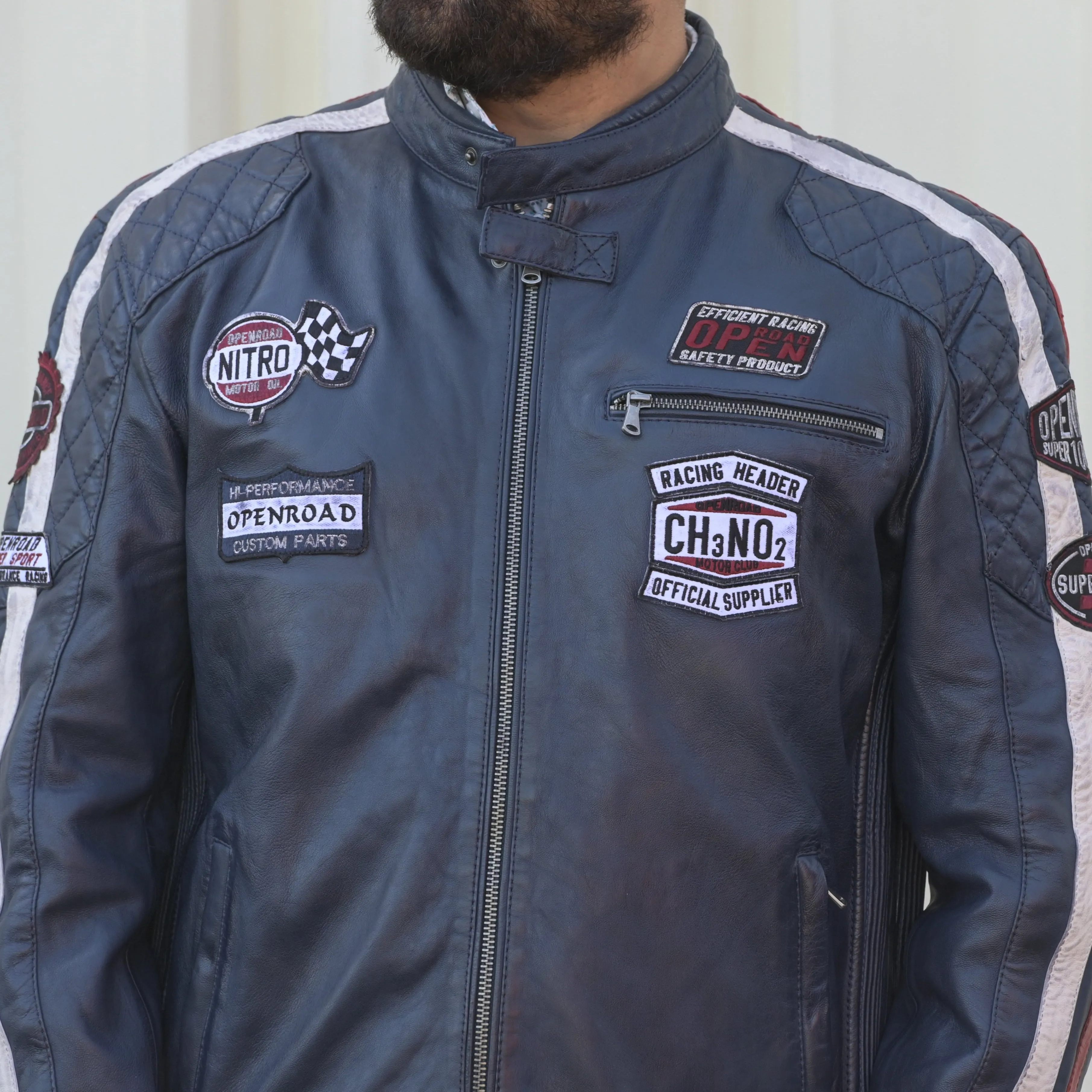 Men's Racer Jacket with Patches and Striped Accents