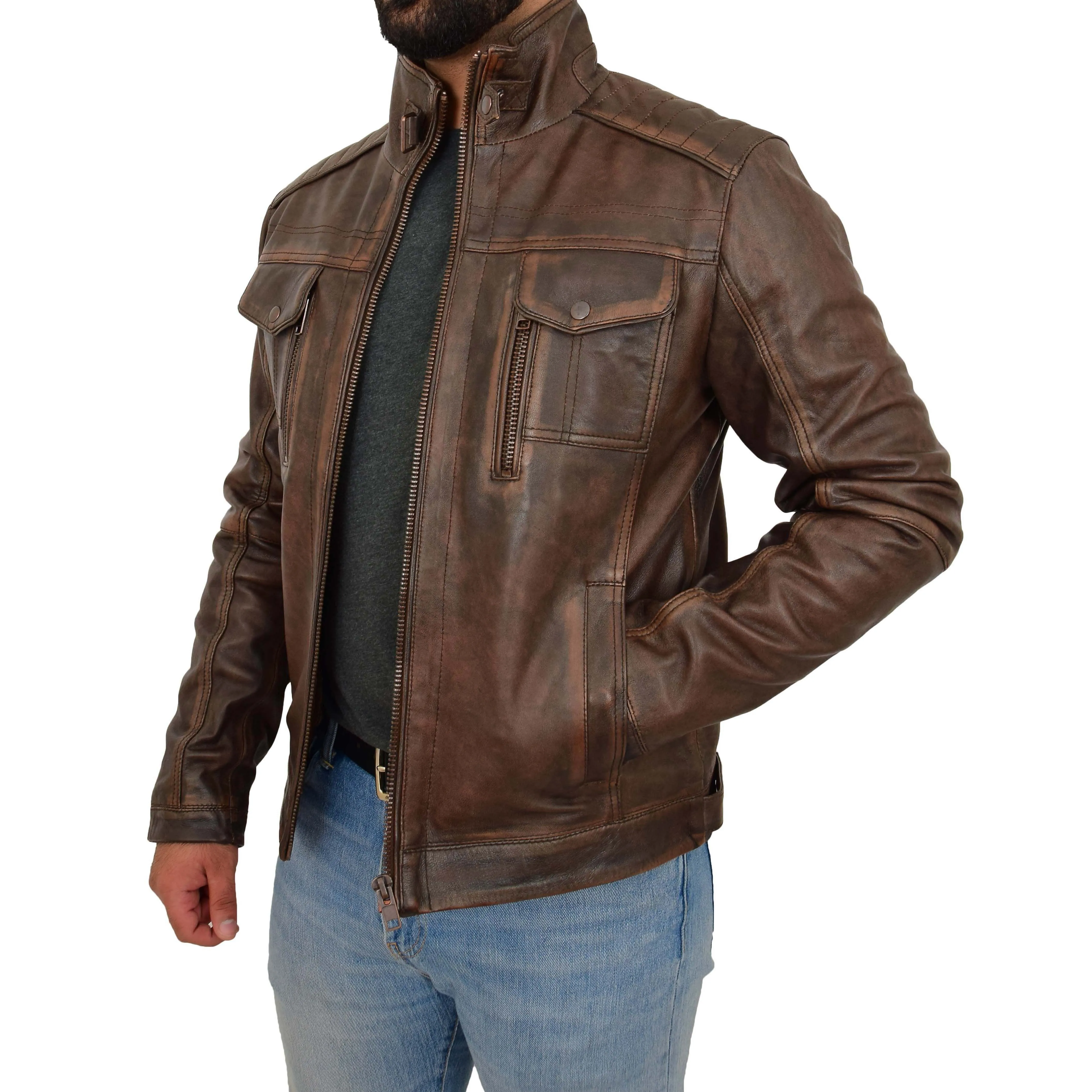 Mens Real Leather Vintage Brown Rub Off Antique Jacket Aron