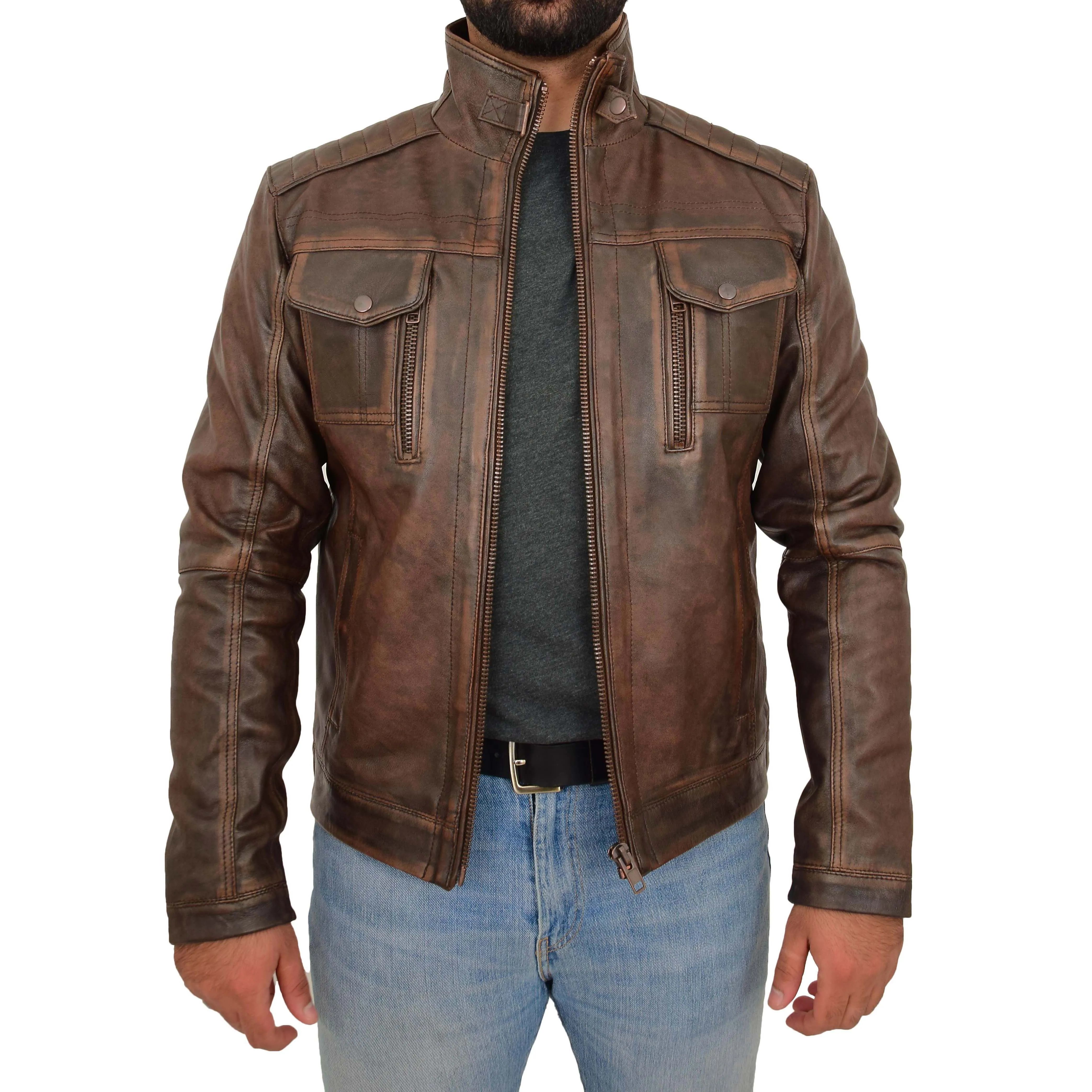 Mens Real Leather Vintage Brown Rub Off Antique Jacket Aron