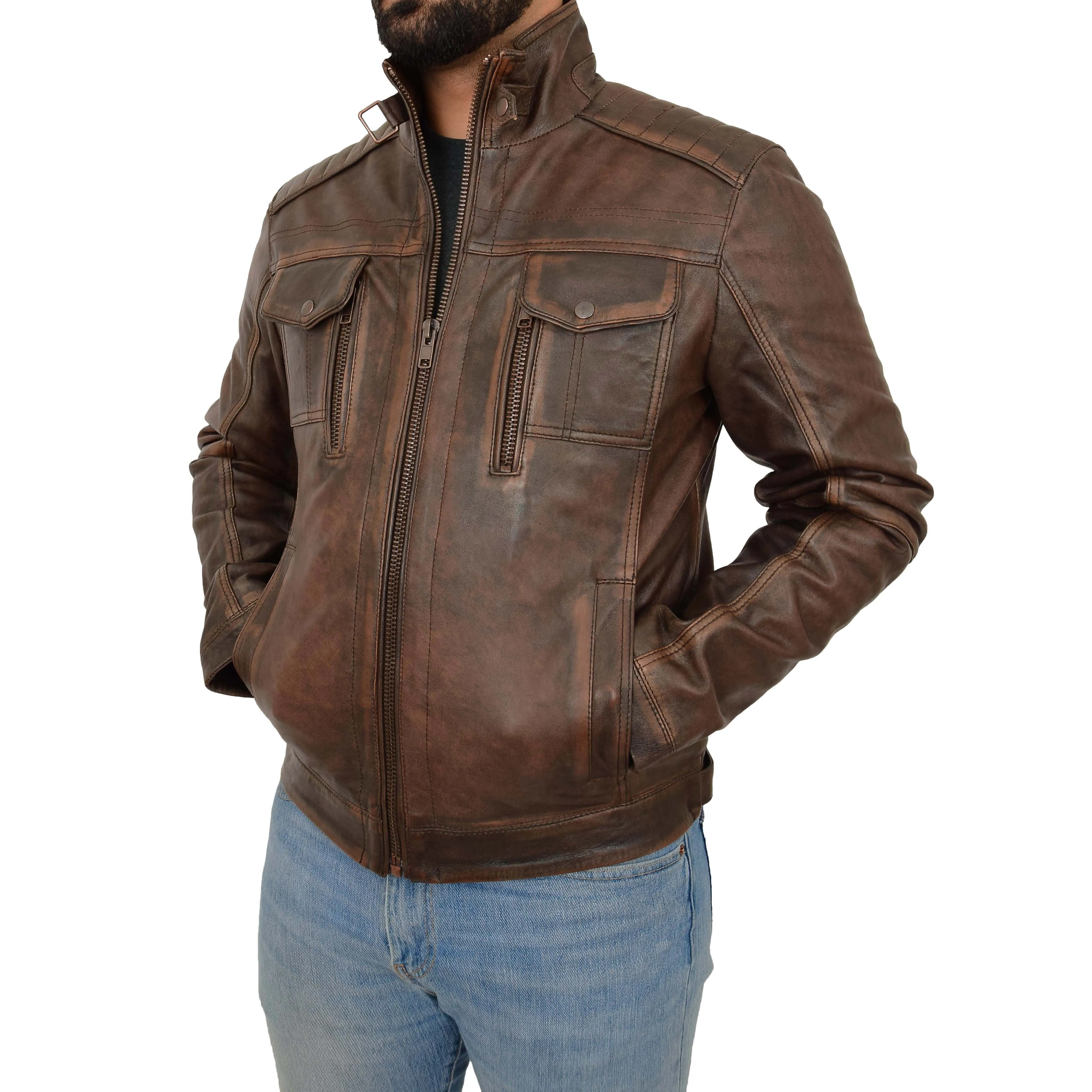 Mens Real Leather Vintage Brown Rub Off Antique Jacket Aron