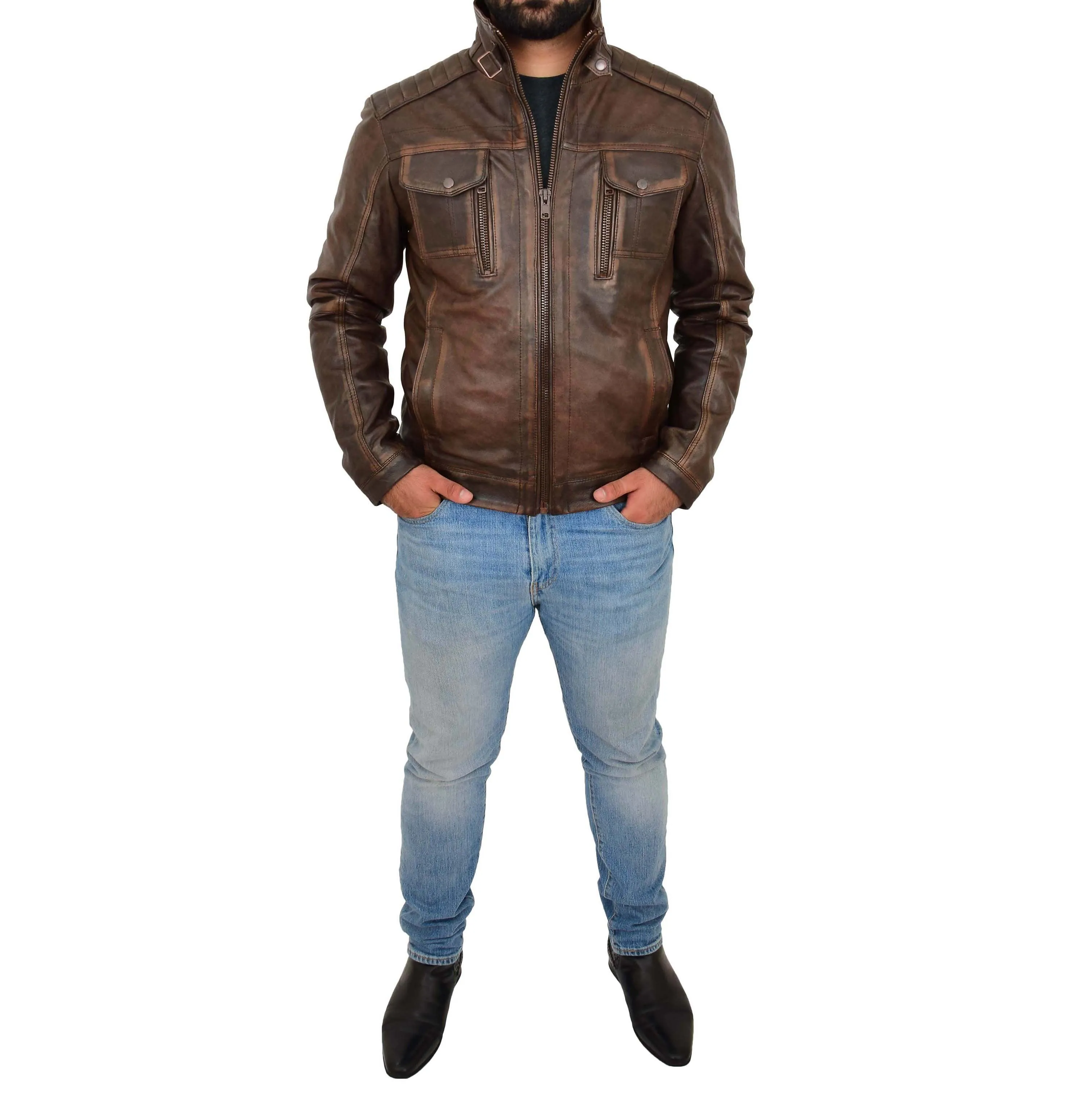 Mens Real Leather Vintage Brown Rub Off Antique Jacket Aron