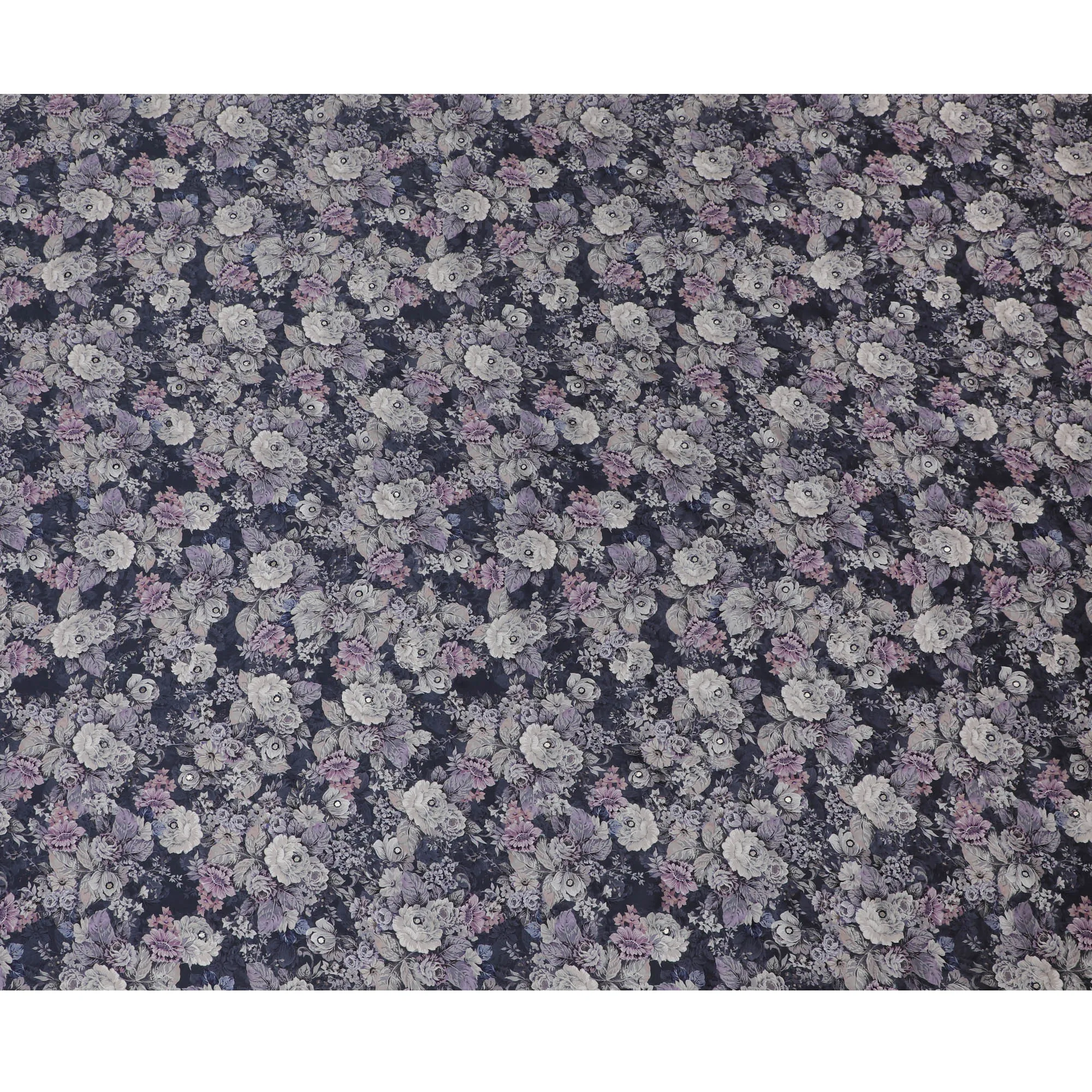 Midnight Purple Floral Viscose Modal Satin Fabric with Mirror Work - 110 cm Width-D20270