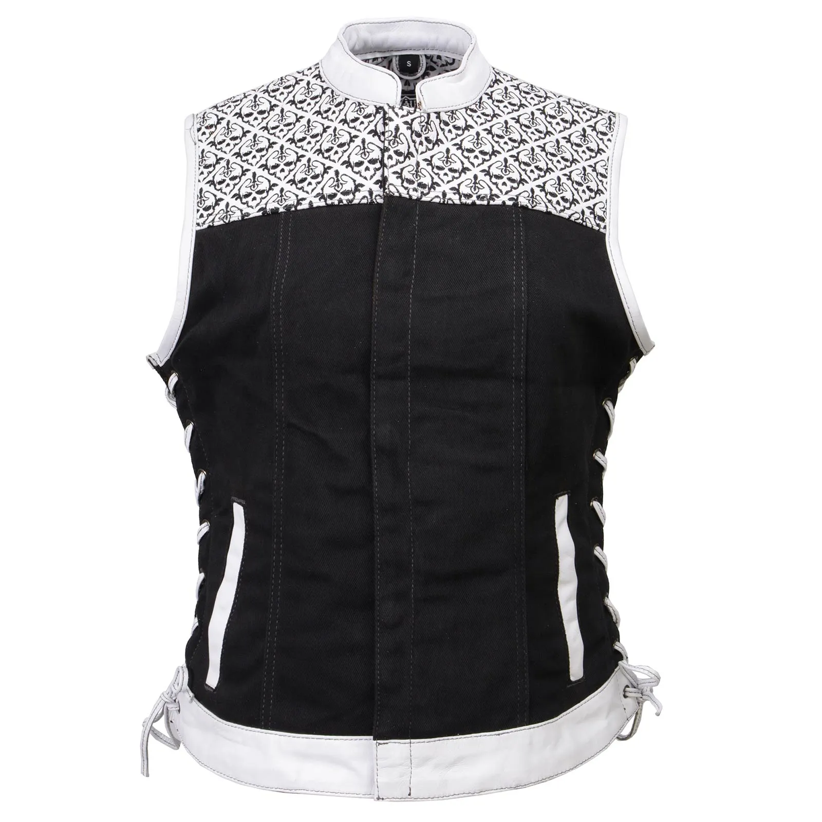 Milwaukee Leather MDL4050 Women's 'Skelly' Black with White Motorcycle Denim Vest w/ Skull Embroidery