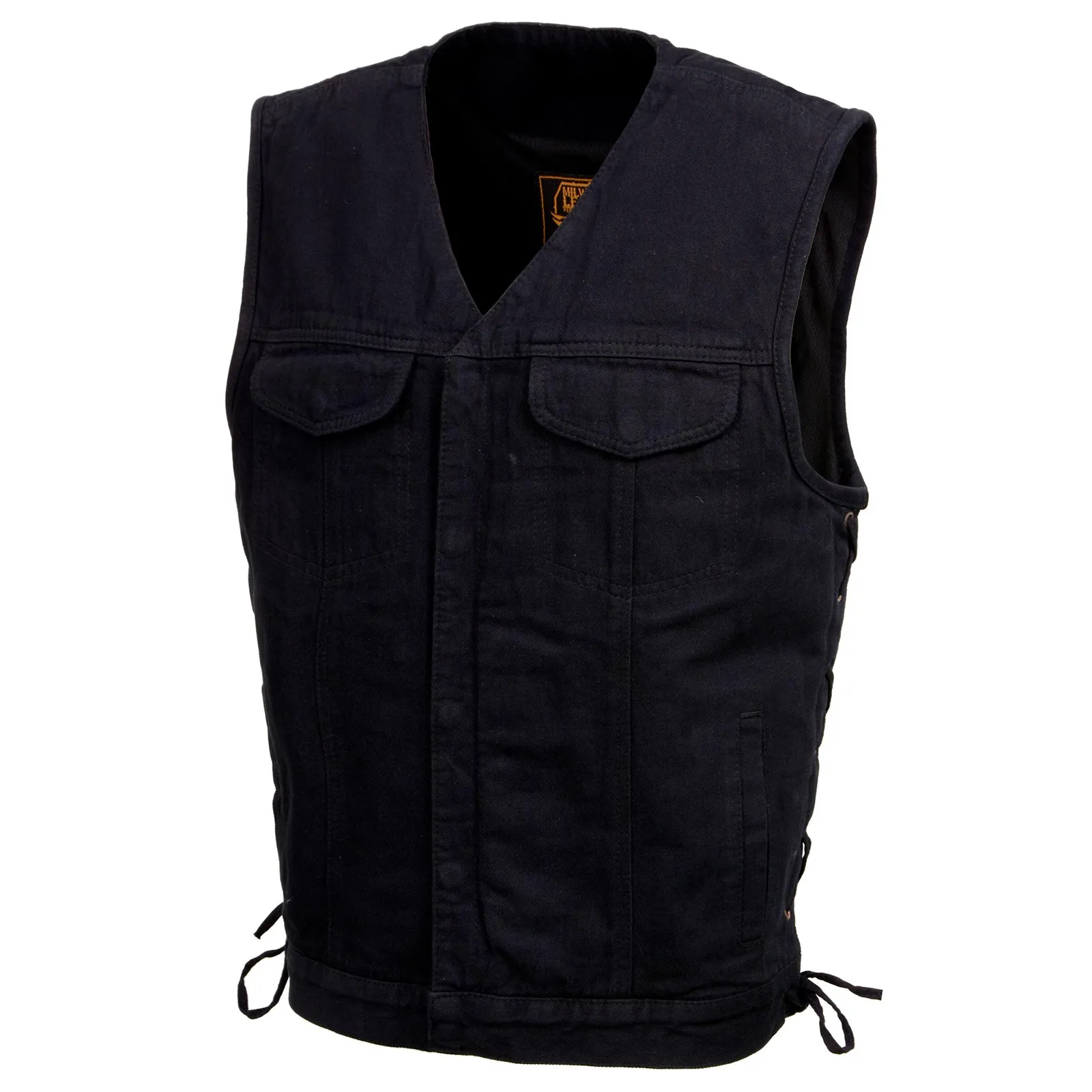 Milwaukee Leather MDM3013 Men's 'Brute' Concealed Snap Black Denim V-Neck Side Lace Club Style Vest w/Hidden Zipper