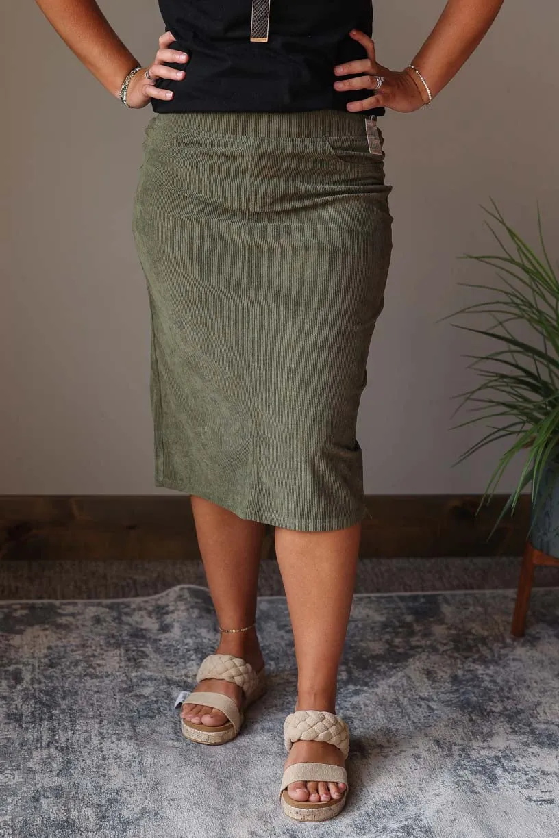 Moss Corduroy Elastic Waist Skirt