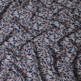 Navy Blue & Pink Floral Viscose Modal Satin Fabric with Mirror Work - 110 cm Width-D20266