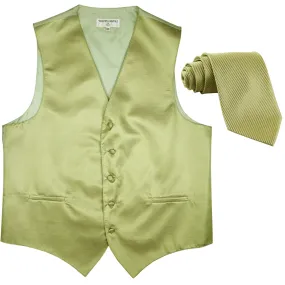 New formal men's tuxedo vest waistcoat & necktie horizontal stripes prom sage green