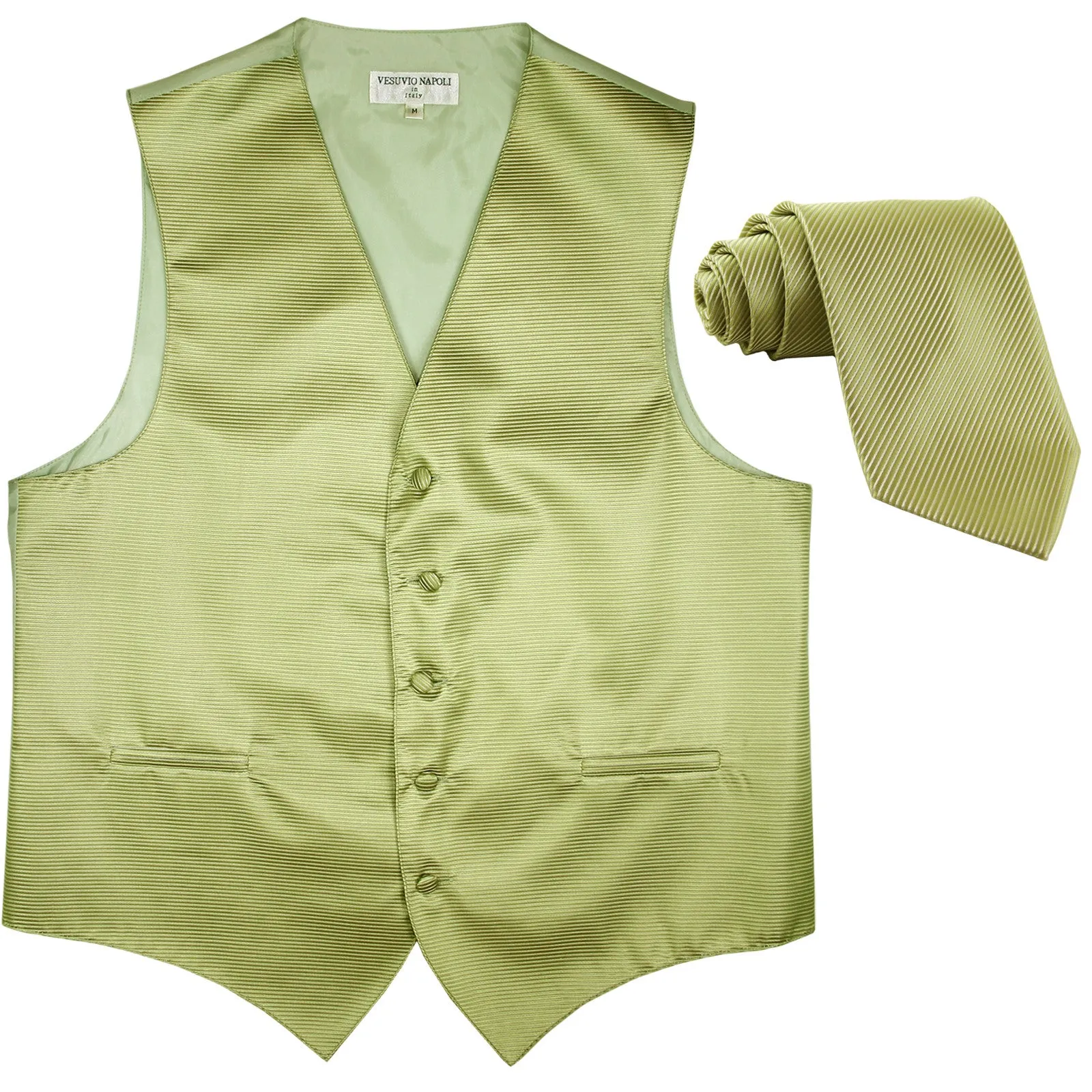 New formal men's tuxedo vest waistcoat & necktie horizontal stripes prom sage green