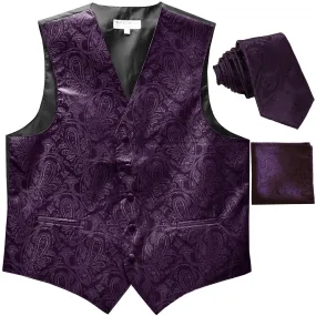 New Men's Formal Vest Tuxedo Waistcoat_2.5" necktie set paisley prom dark purple