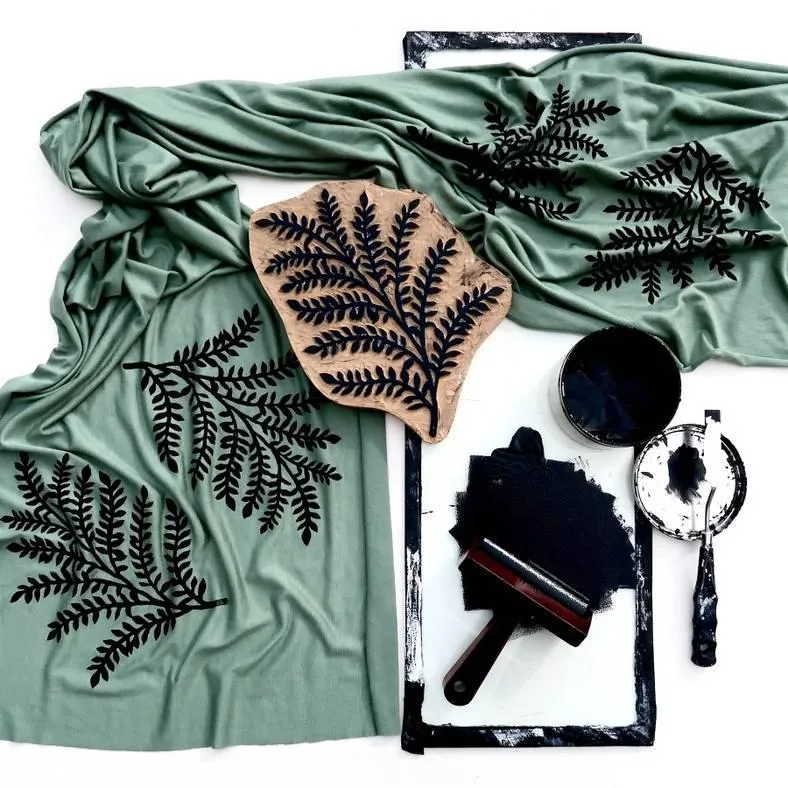 (New) Scarf Wide - Moss Green Leafy Branch (Black Ink) by Windsparrow Studio