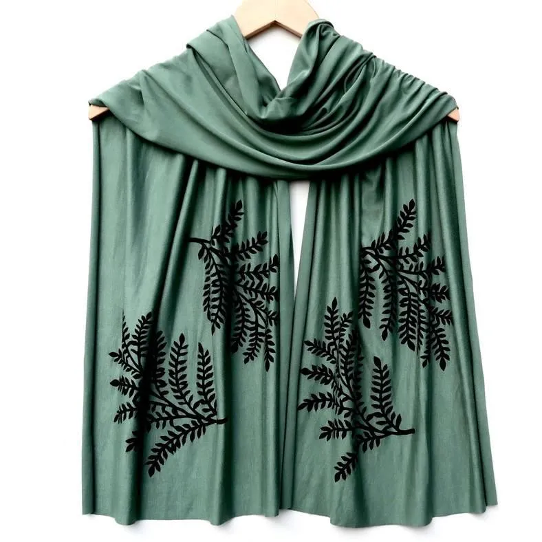 (New) Scarf Wide - Moss Green Leafy Branch (Black Ink) by Windsparrow Studio