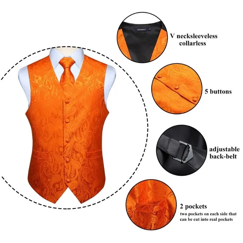 Paisley Suit Vest Tie Handkerchief Set - ORANGE