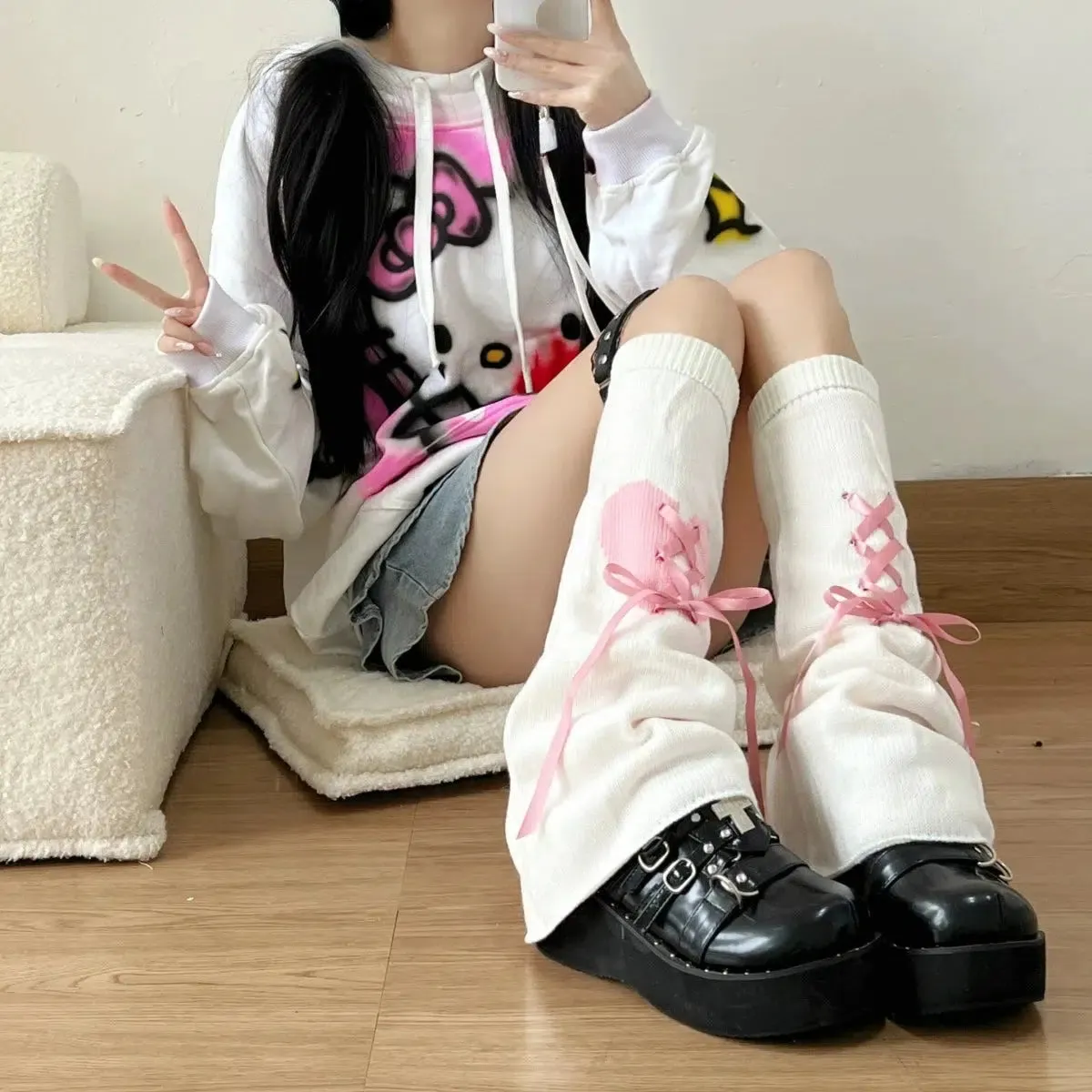 Pastel Goth Broken Heart Lace Up Leg Warmers