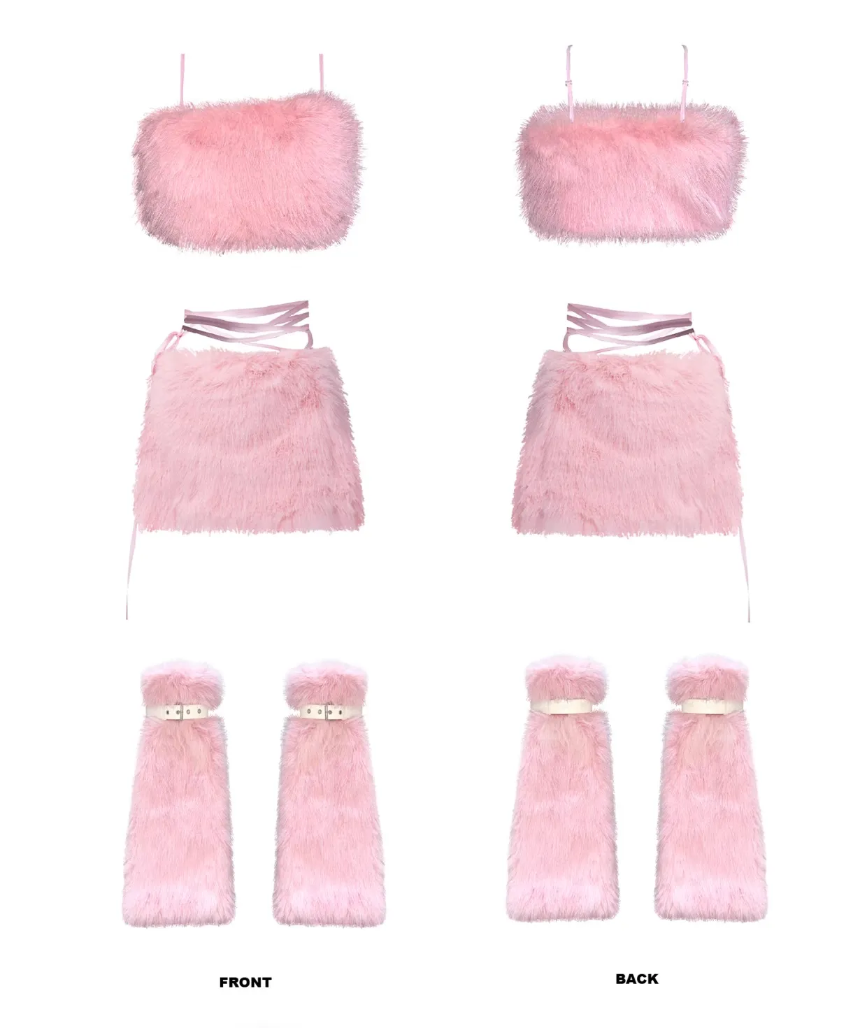 Pastel Pink Faux Fox Fur Tube Top Short Skirt Leg Warmers Y2K Cute Sexy Girl Three Piece Set