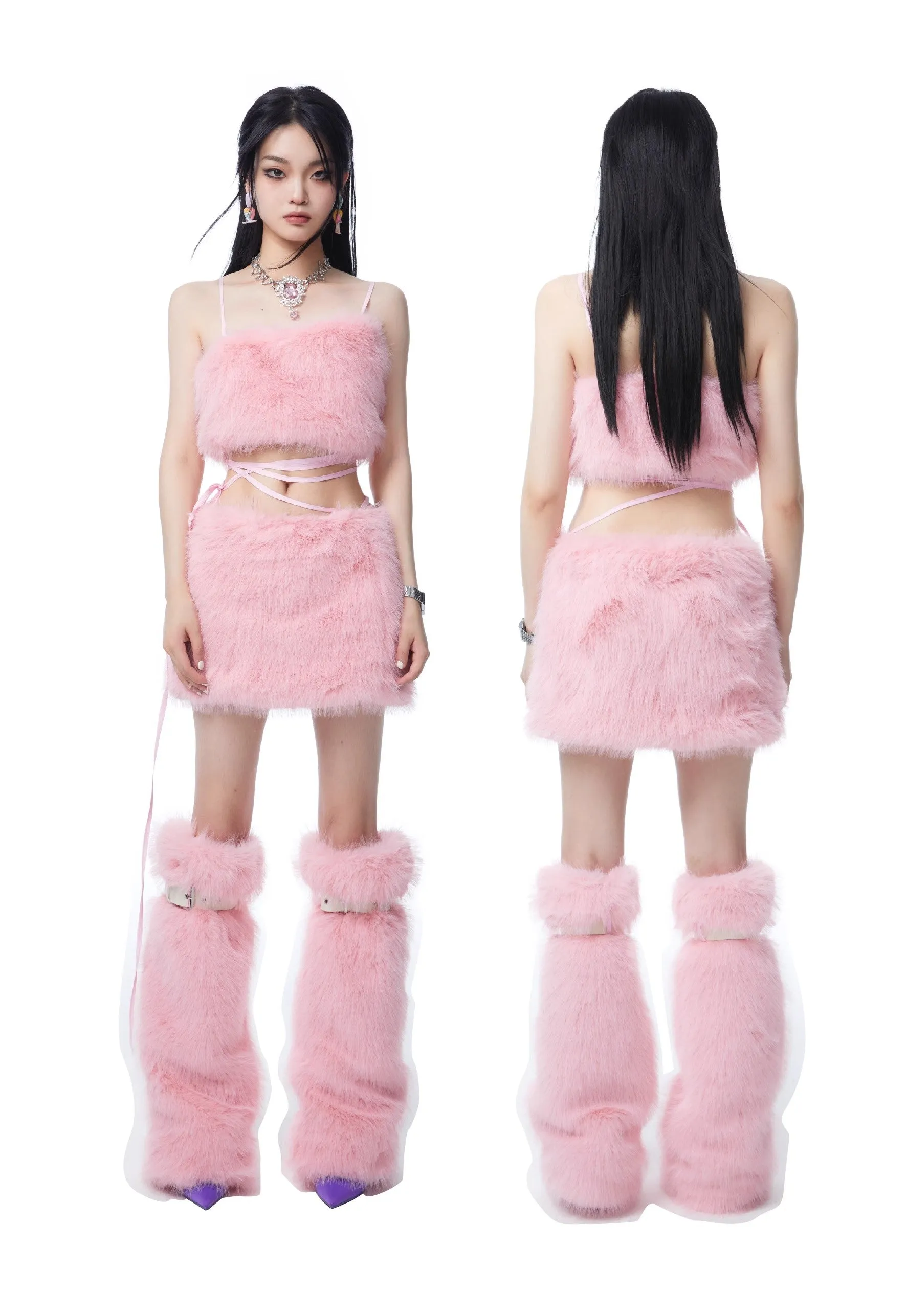 Pastel Pink Faux Fox Fur Tube Top Short Skirt Leg Warmers Y2K Cute Sexy Girl Three Piece Set