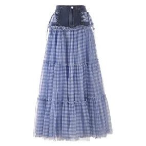 Patchwork Denim Skirts For Women High Waist Folds A Line Plaid Temperament Summer Skirt Female Fashion Clothing