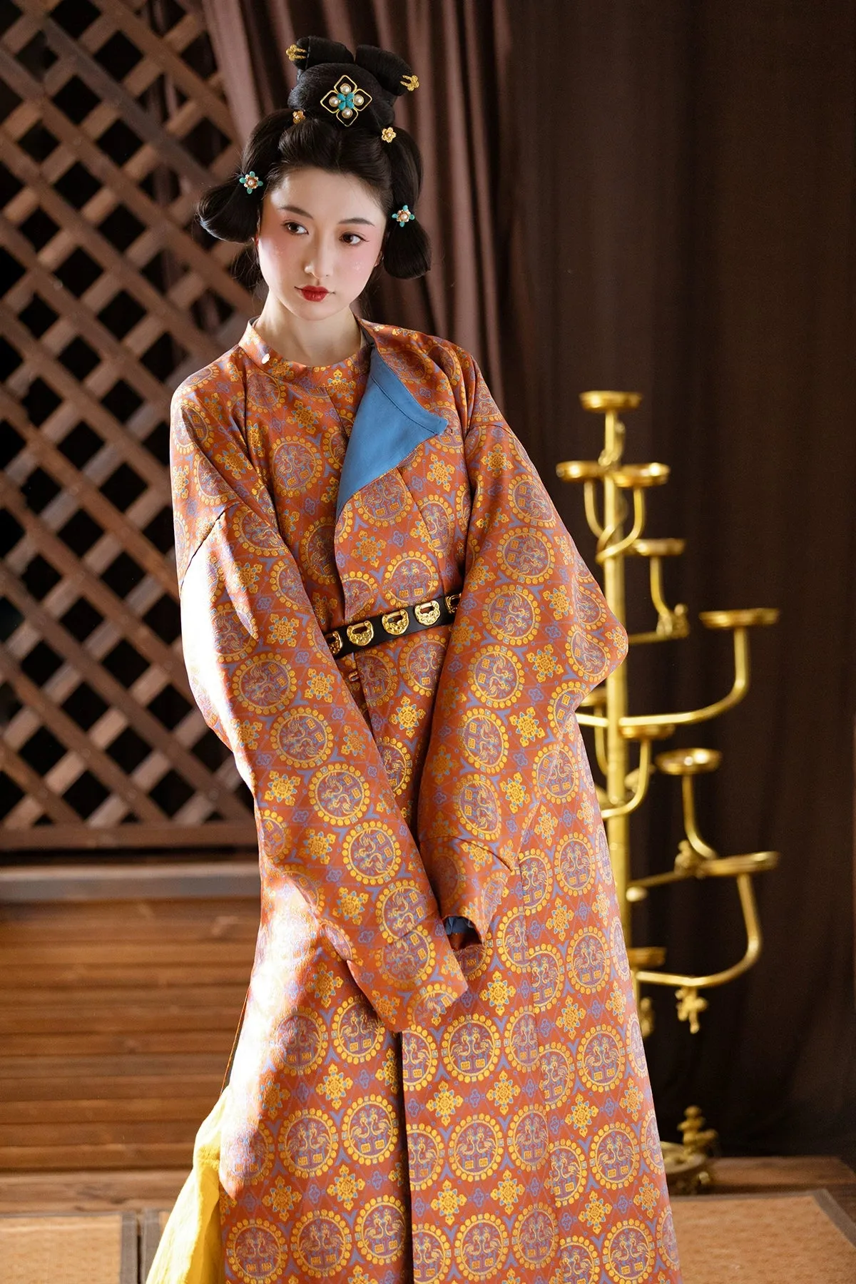 Pearl Birds 团窠联珠对鸟纹 Brocade Unisex Yuanlingpao Round Collar Robe