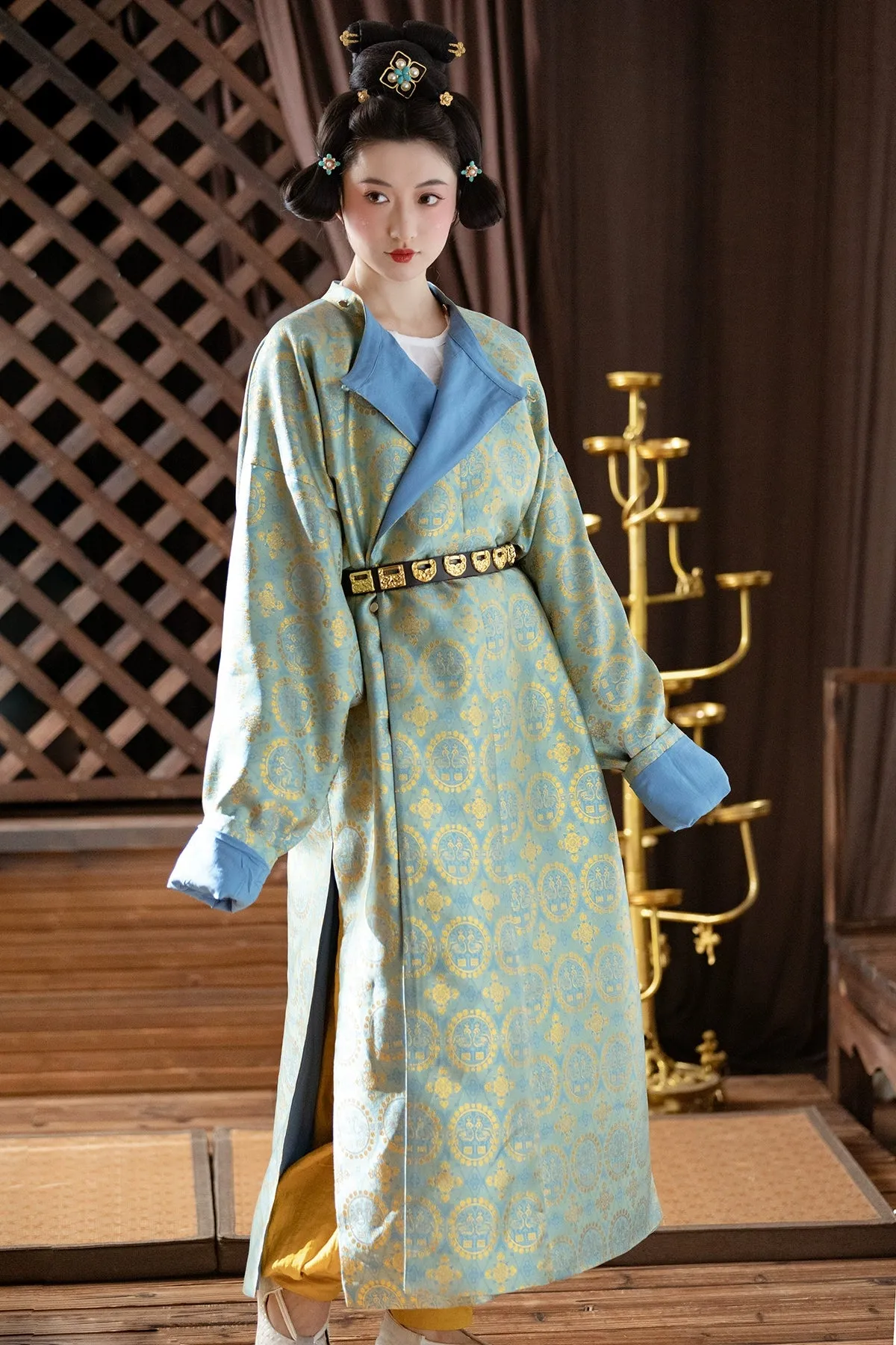 Pearl Birds 团窠联珠对鸟纹 Brocade Unisex Yuanlingpao Round Collar Robe