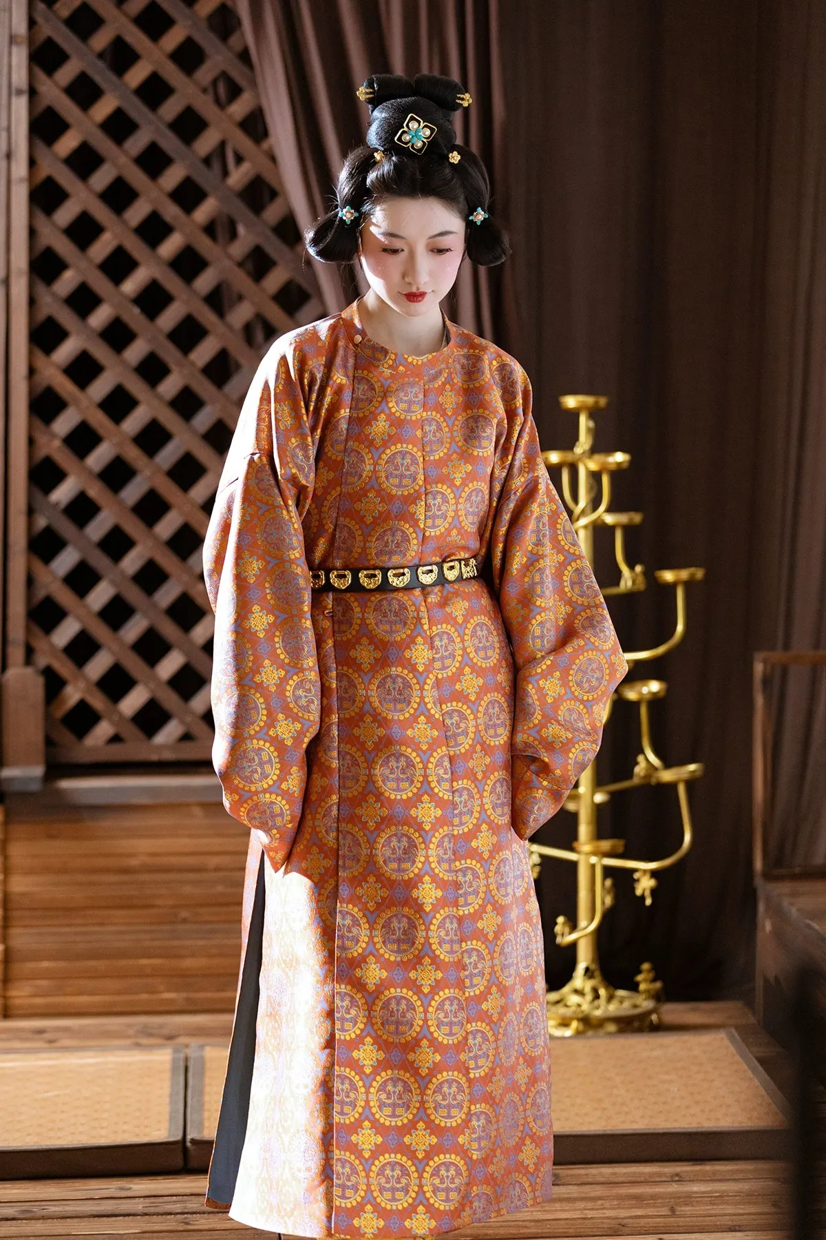 Pearl Birds 团窠联珠对鸟纹 Brocade Unisex Yuanlingpao Round Collar Robe