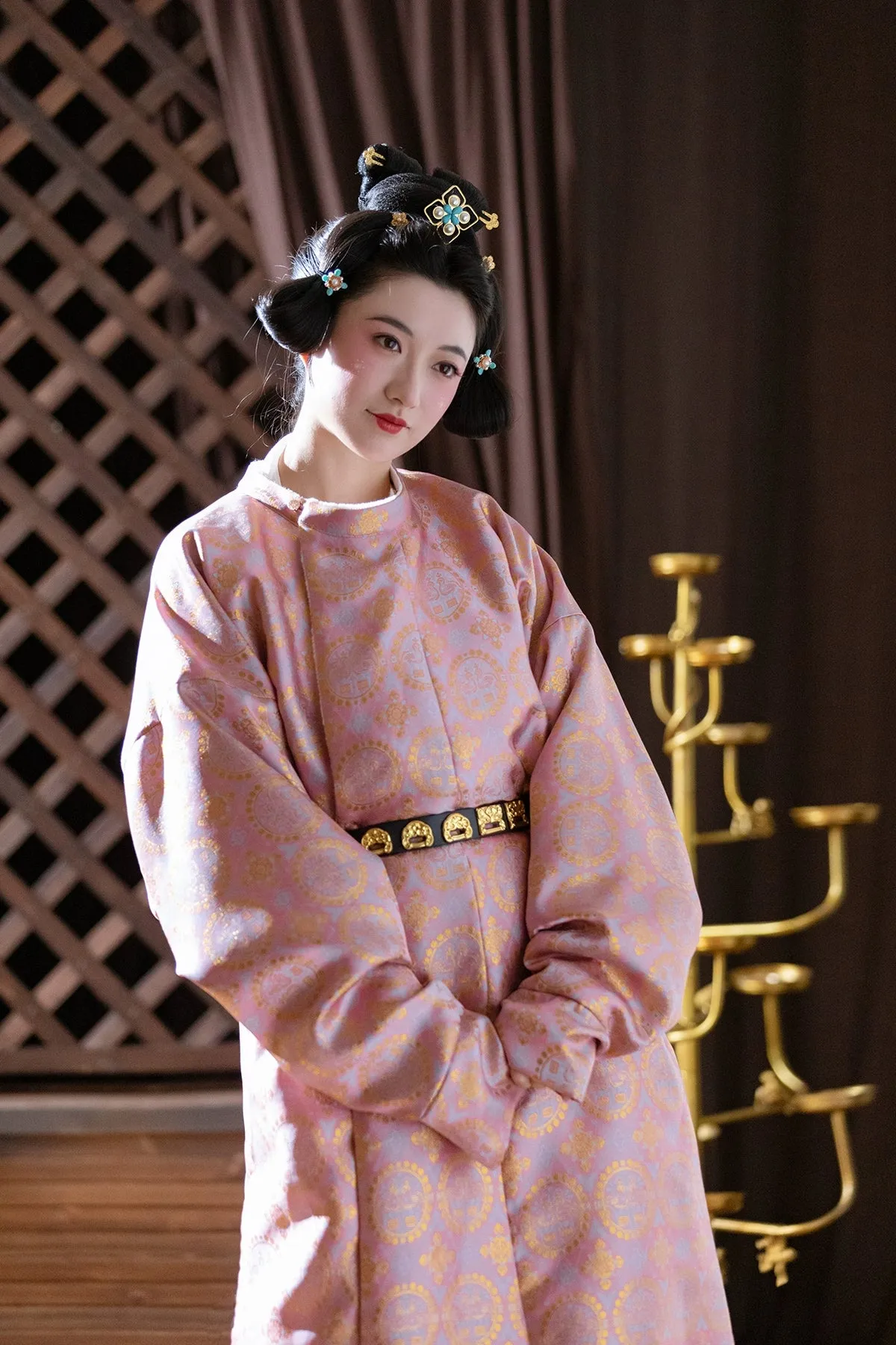 Pearl Birds 团窠联珠对鸟纹 Brocade Unisex Yuanlingpao Round Collar Robe