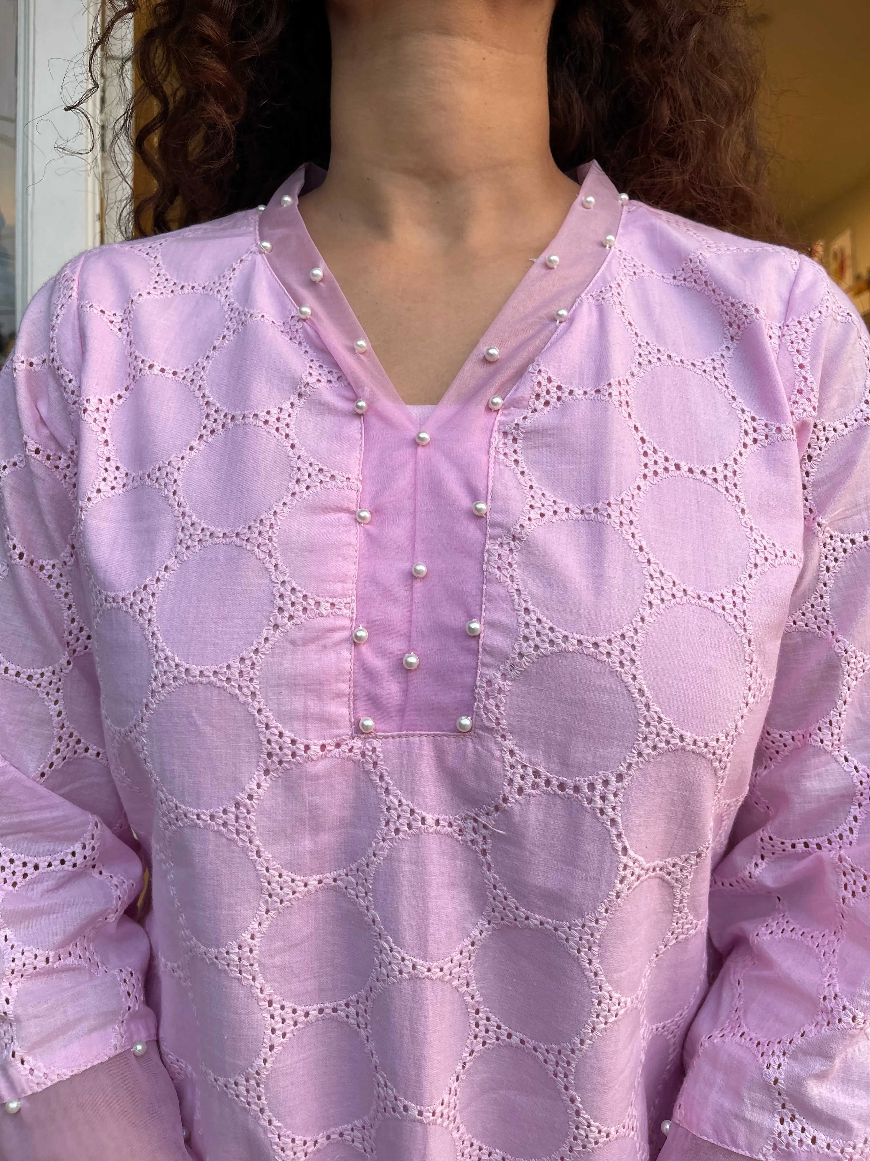 Pearl On Pink Schiffli Kurta Sets