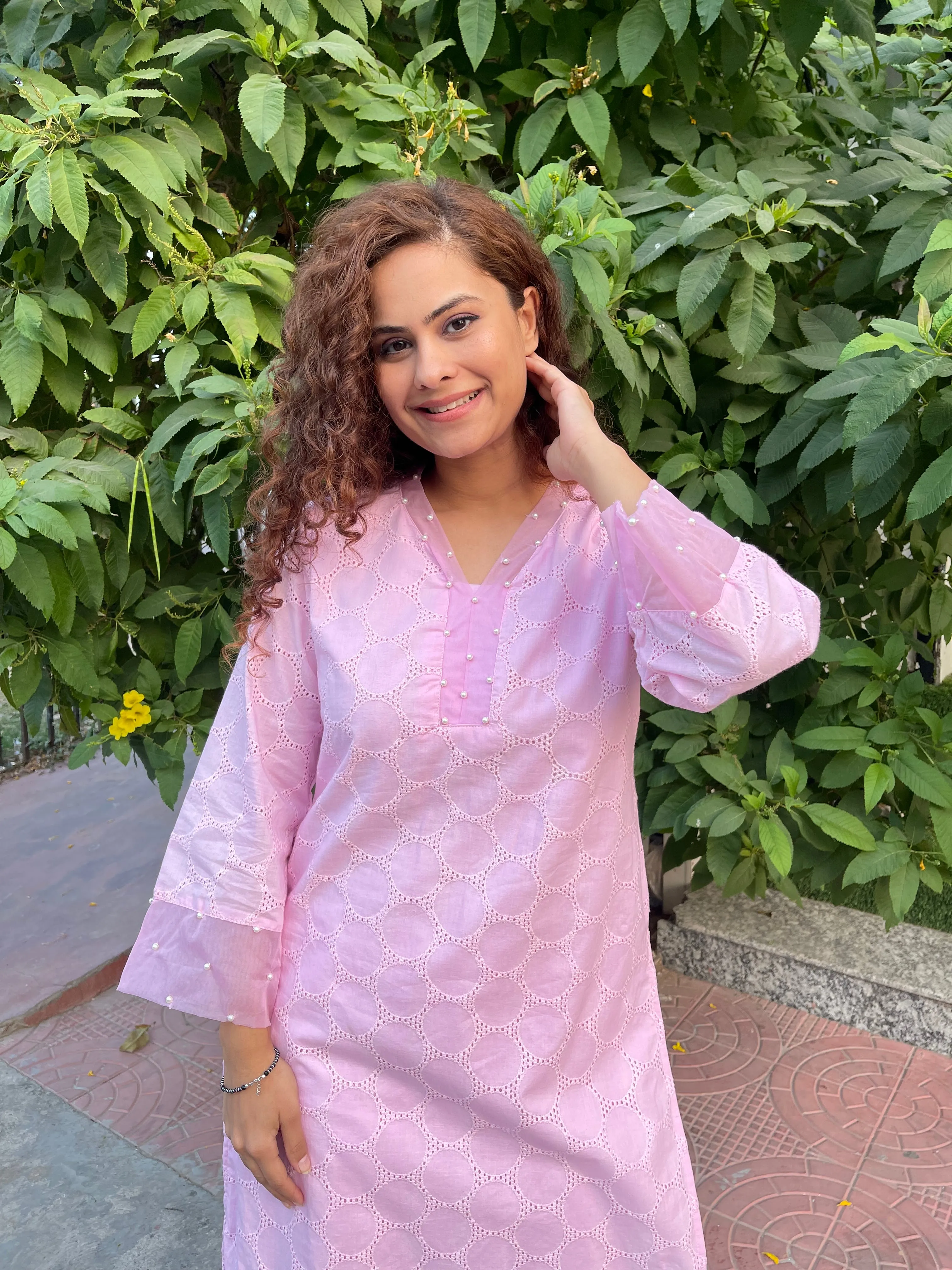 Pearl On Pink Schiffli Kurta Sets