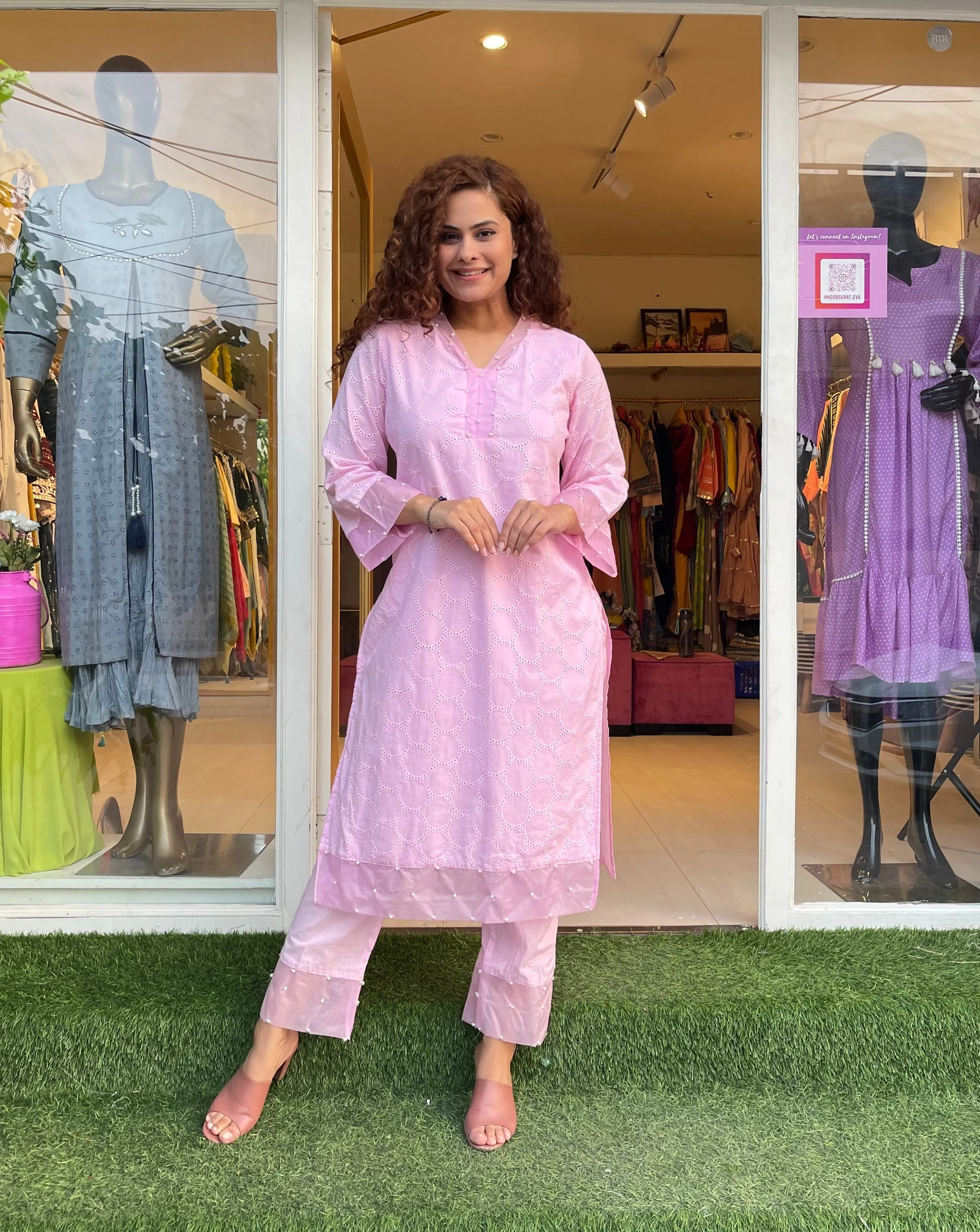 Pearl On Pink Schiffli Kurta Sets