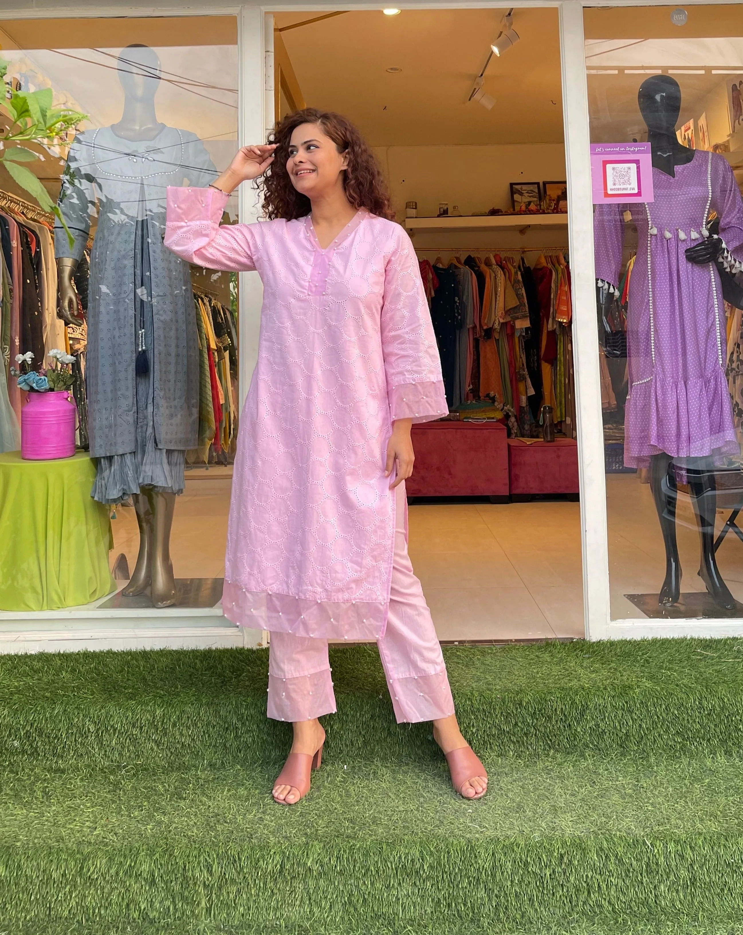 Pearl On Pink Schiffli Kurta Sets