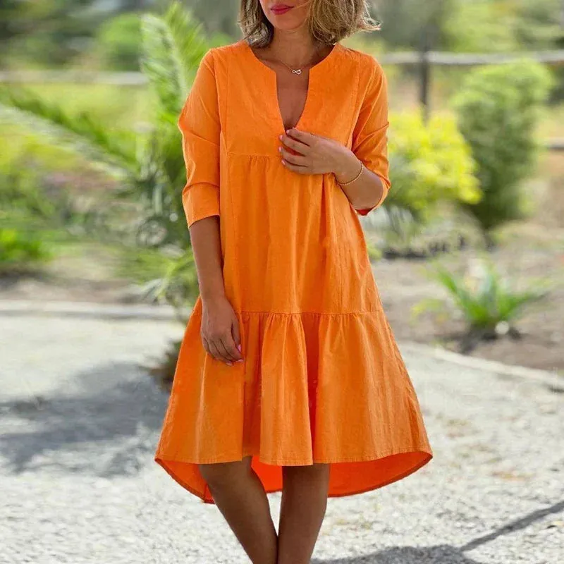 Pleated Cotton Linen Solid Color Loose Pullover 2024 Casual V-neck Half Sleeved Commuting Summer Elegant Dress