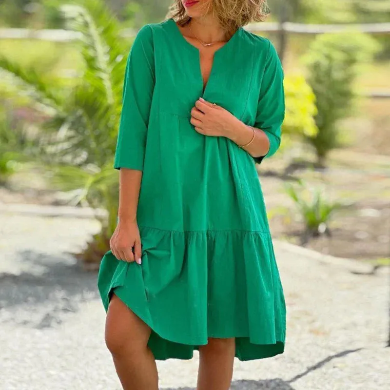 Pleated Cotton Linen Solid Color Loose Pullover 2024 Casual V-neck Half Sleeved Commuting Summer Elegant Dress