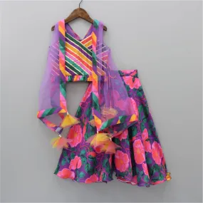 Pre Order: Stylish Diagonal Gota Lace Work Striped Multicolour Cape Top And Floral Printed Palazzo