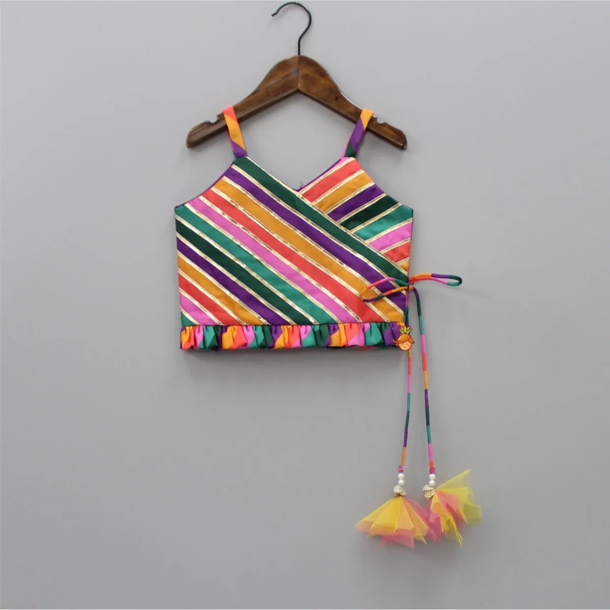 Pre Order: Stylish Diagonal Gota Lace Work Striped Multicolour Cape Top And Floral Printed Palazzo