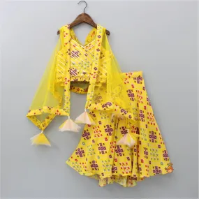 Pre Order: Stylish Patola Printed Yellow Cape Top And Asymmetric Palazzo