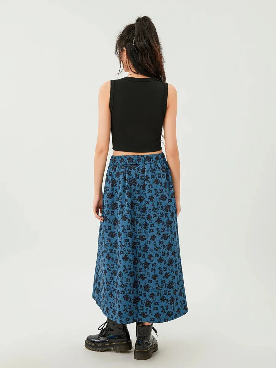 Print Midi Elastic High Waist Casual A-Line for Party Club Floral Skirt