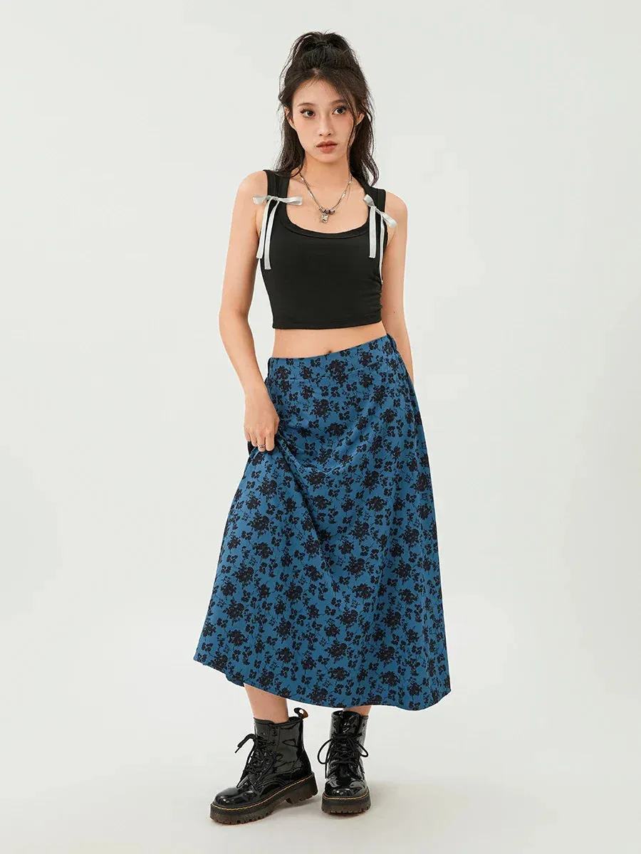 Print Midi Elastic High Waist Casual A-Line for Party Club Floral Skirt