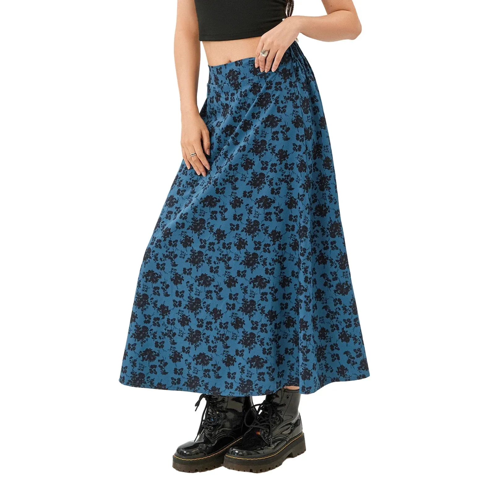 Print Midi Elastic High Waist Casual A-Line for Party Club Floral Skirt