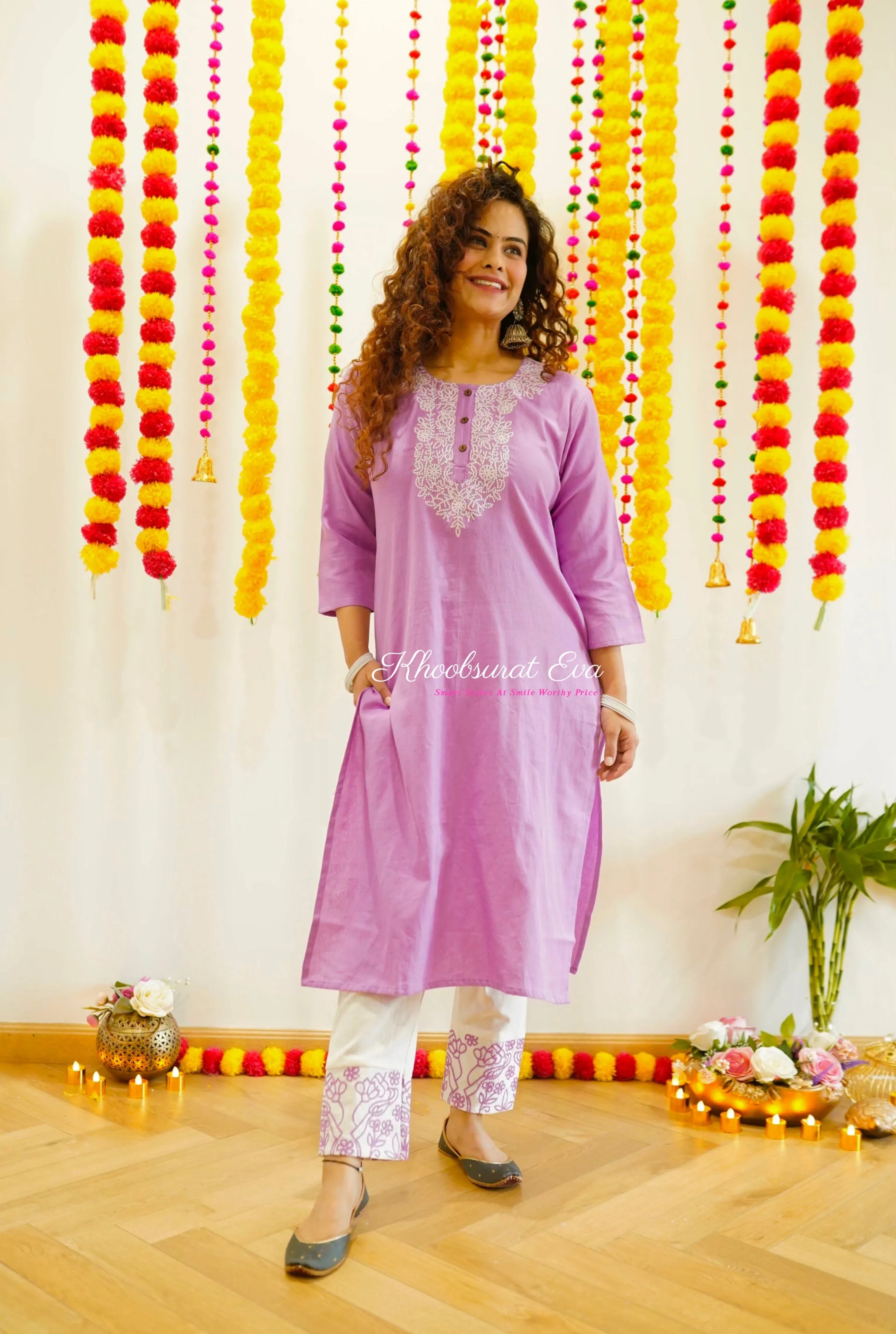 Purple And White Embroidered Kurta Set