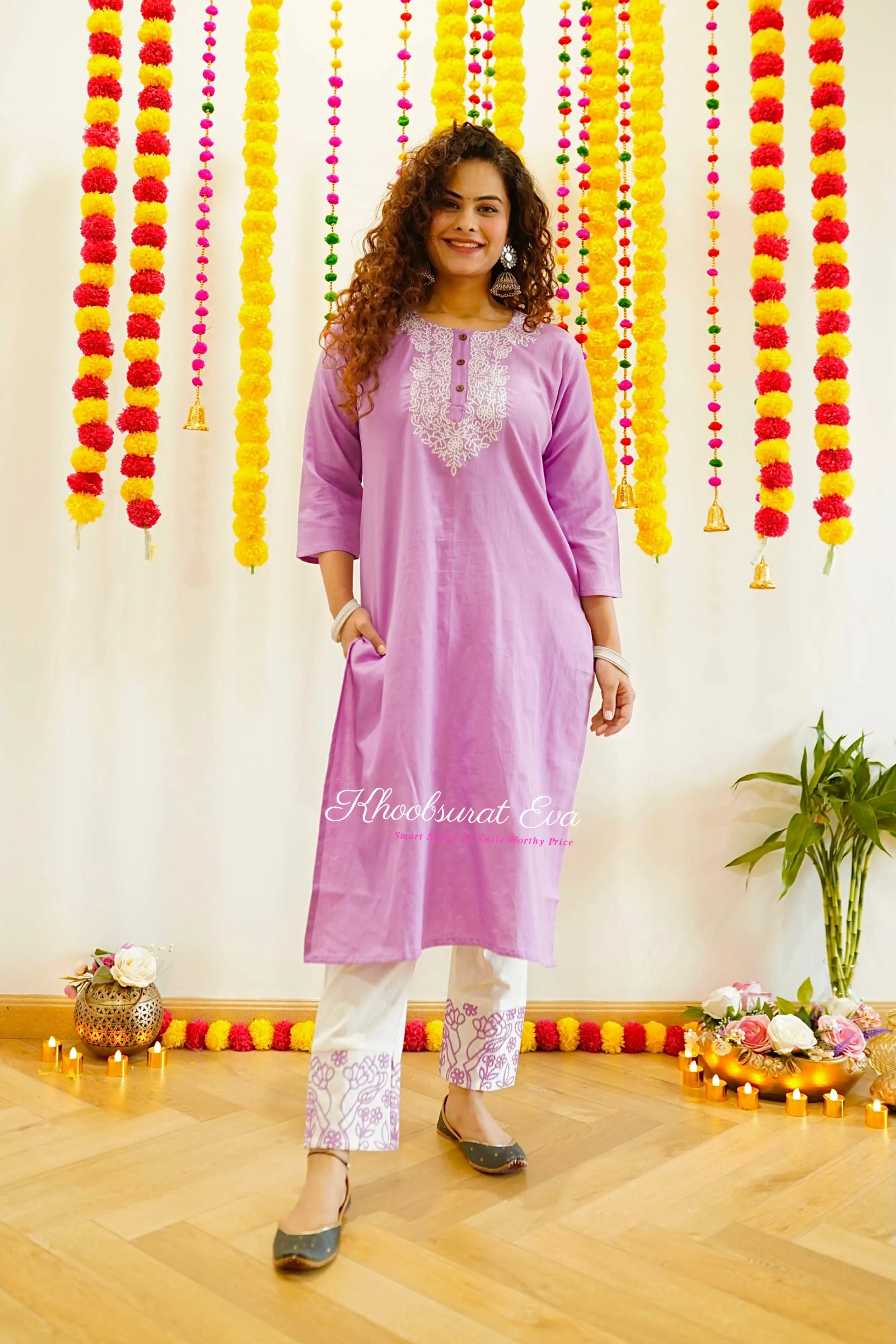 Purple And White Embroidered Kurta Set