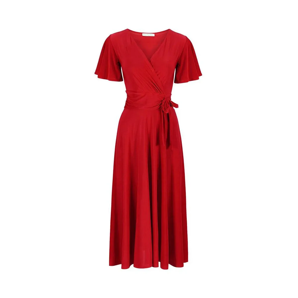 Red Cap Sleeve Crossover V Neck Vintage Wrap Top Swing Dress