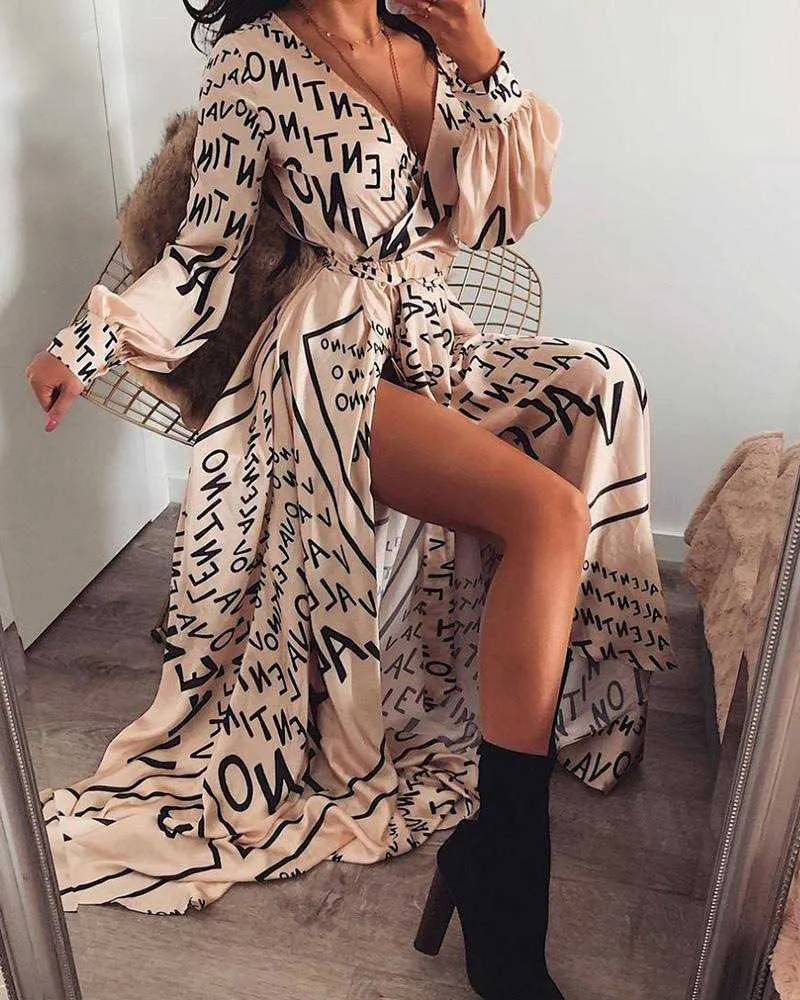 Retro Festival Word Printed V Neck Long Sleeve Thigh Split Maxi Dress Gowns