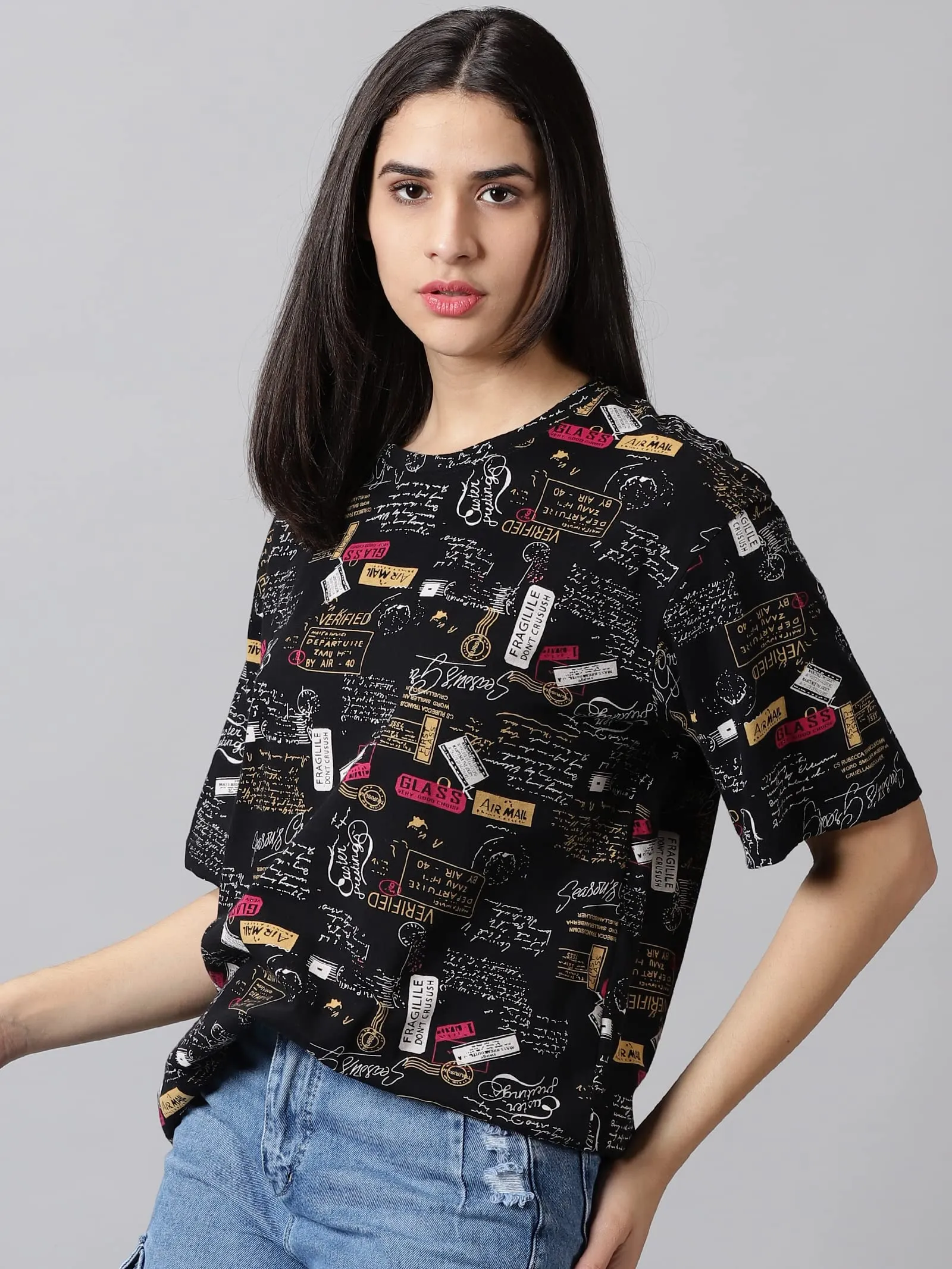 RodZen Oversized | Loose Fit | Relaxed Fit | Wide Fit Half Sleeves Cotton Round Neck Printed T-Shirt for Womens/Girls (Black; X-Large)