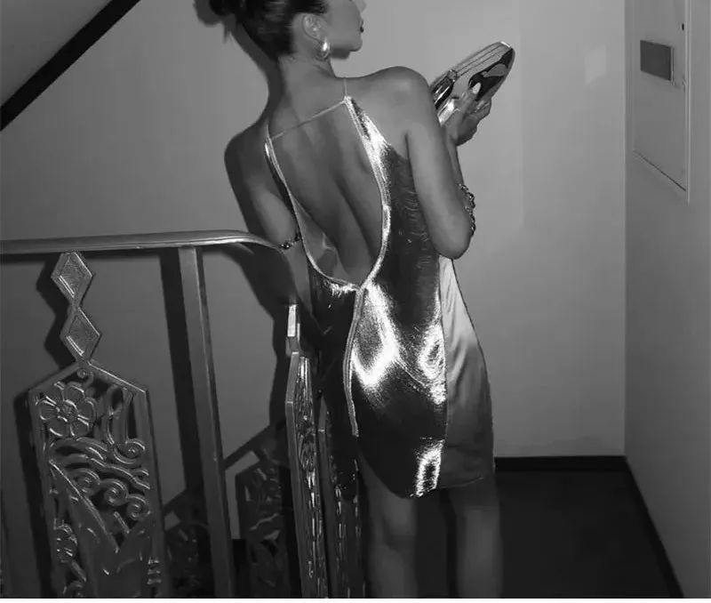 Sexy Silver Metallic Draped Backless Dress