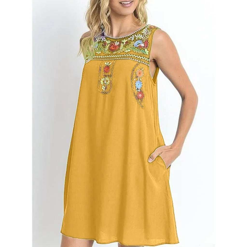 Sleeveless Round Neck Cotton and Linen Embroidered Midi Dress