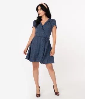 Smak Parlour Dark Blue & Dotted Print Short Sleeve Fit & Flare Dress