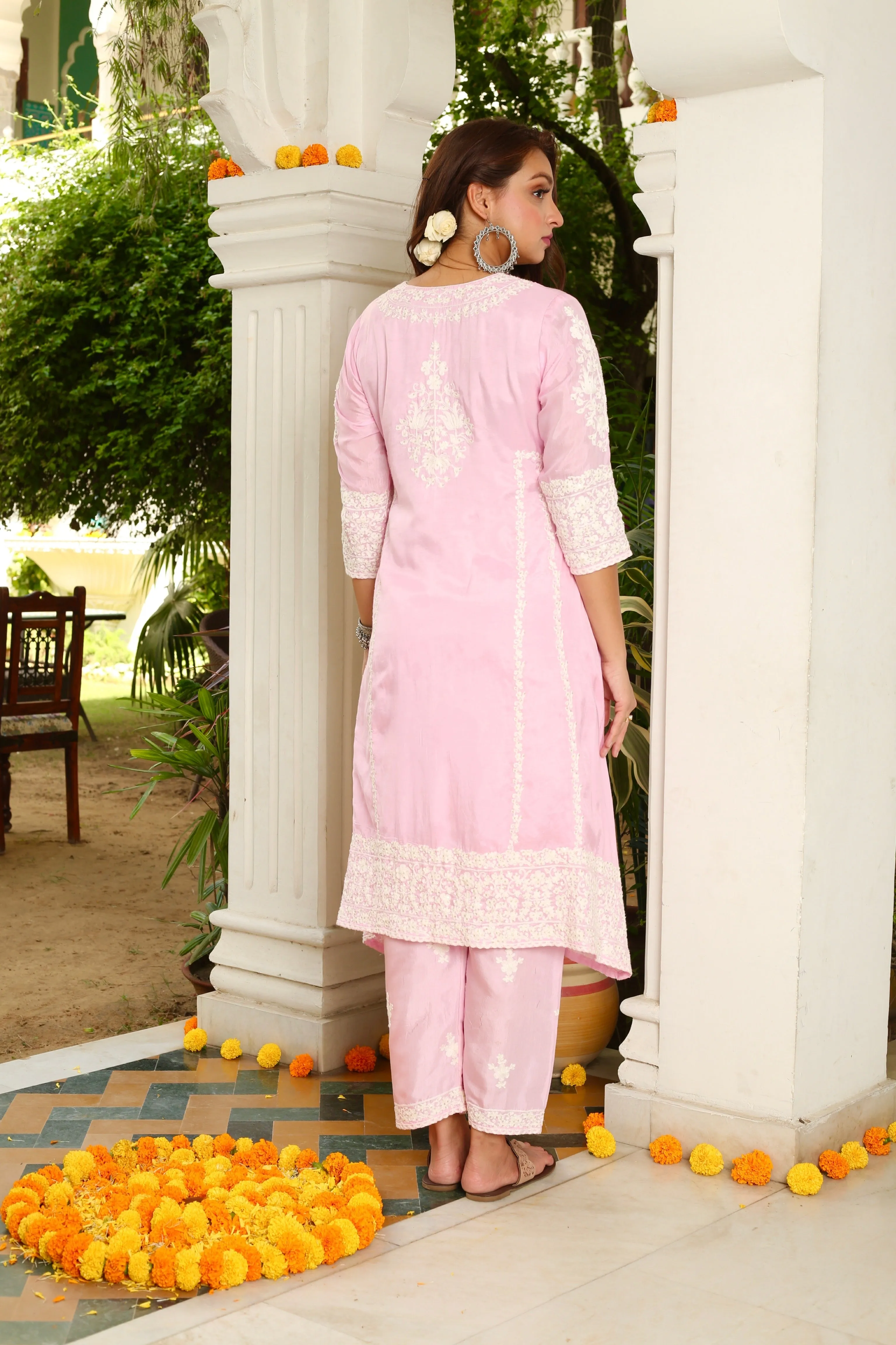 Statement Motif On Pink Dupatta Suit Set