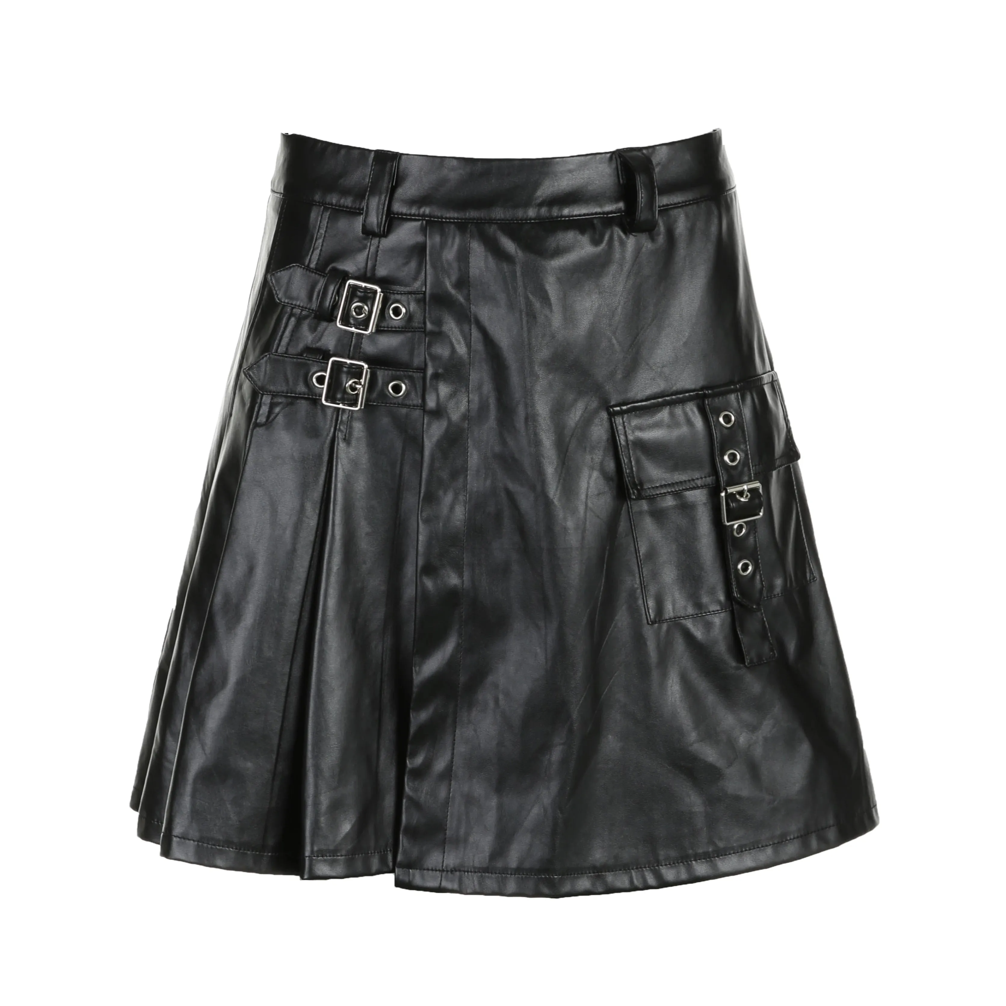 Streetwear Punk Black PU Leather Skirt Women Buckle Fold Fashion Party Pleated Skirt Gothic Dark Cargo Grunge Outfits