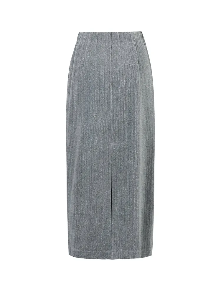 Stretch Back Slit Knitted Women Midi Skirt