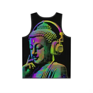 Subtle Smiling Buddha Wearing Headphones Sublimation Print All-Over Design Tank Top - Stylish Comfort for Gym and Streetwear